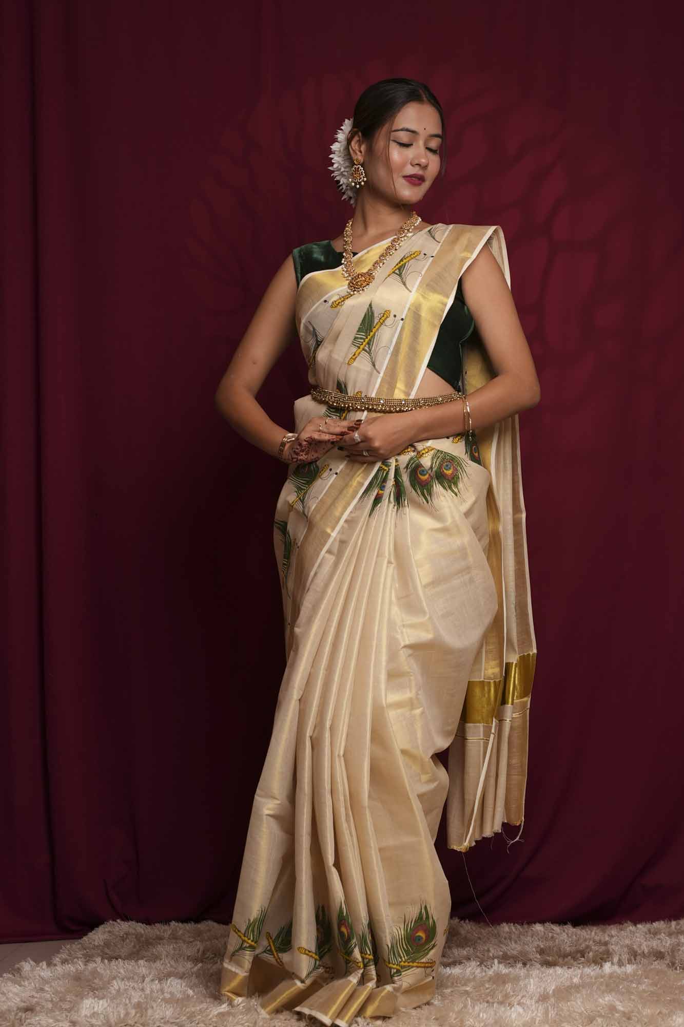 Off-White Kasavu  with Peacock Feather & Flute Print and Golden Zari Border  Ready To Wear Saree