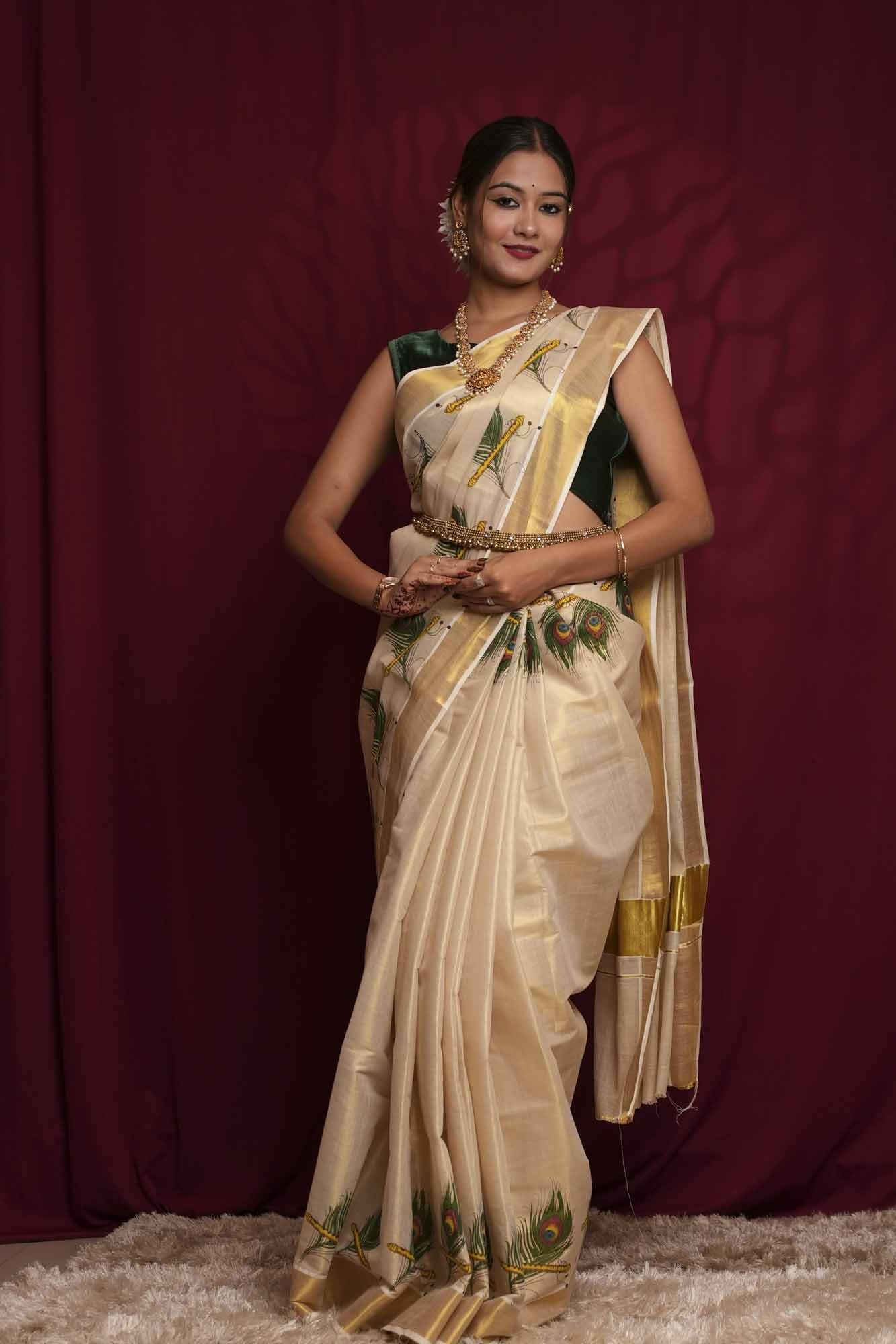 Off-White Kasavu  with Peacock Feather & Flute Print and Golden Zari Border  Ready To Wear Saree