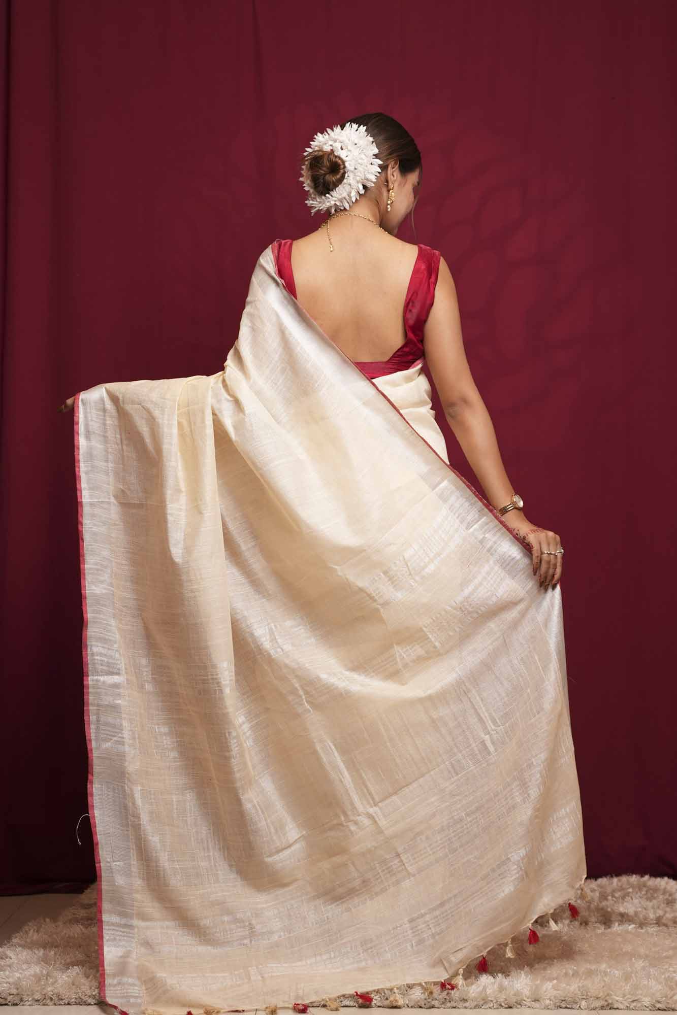 Off white bhagalpuri linen with zari & red tiny border Ready To Wear saree
