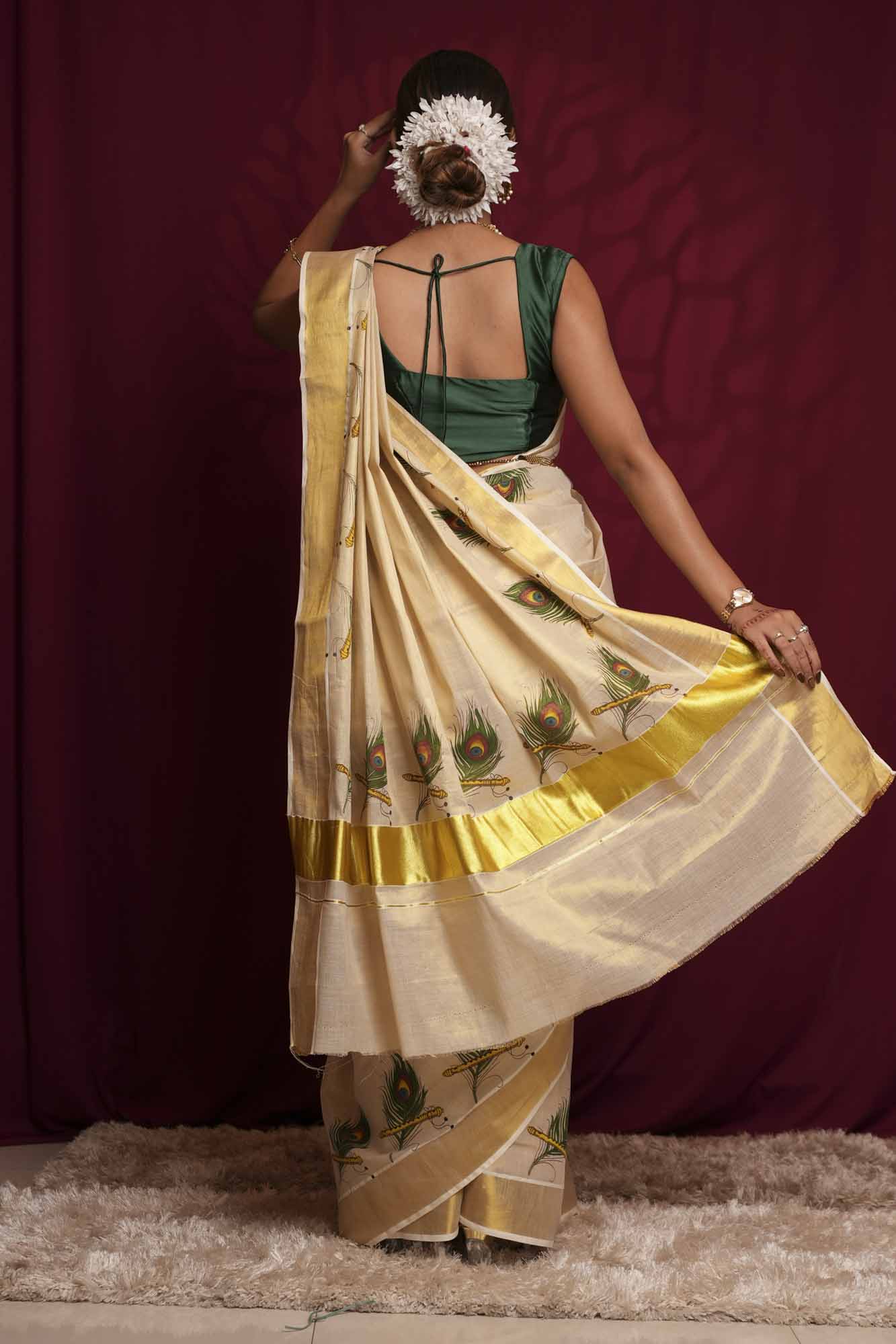 Off-White Kasavu  with Peacock Feather & Flute Print and Golden Zari Border  Ready To Wear Saree