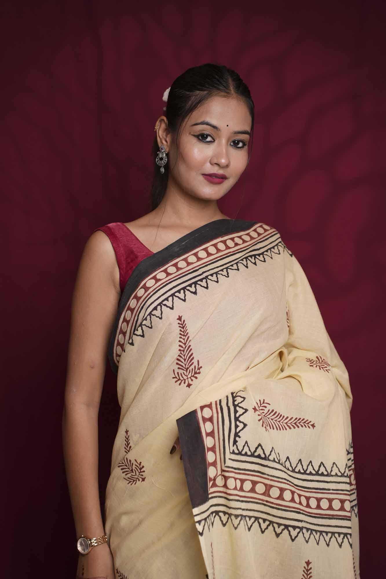 Beige Hand Block Print With  Border Design Cotton Ready To Wear Saree