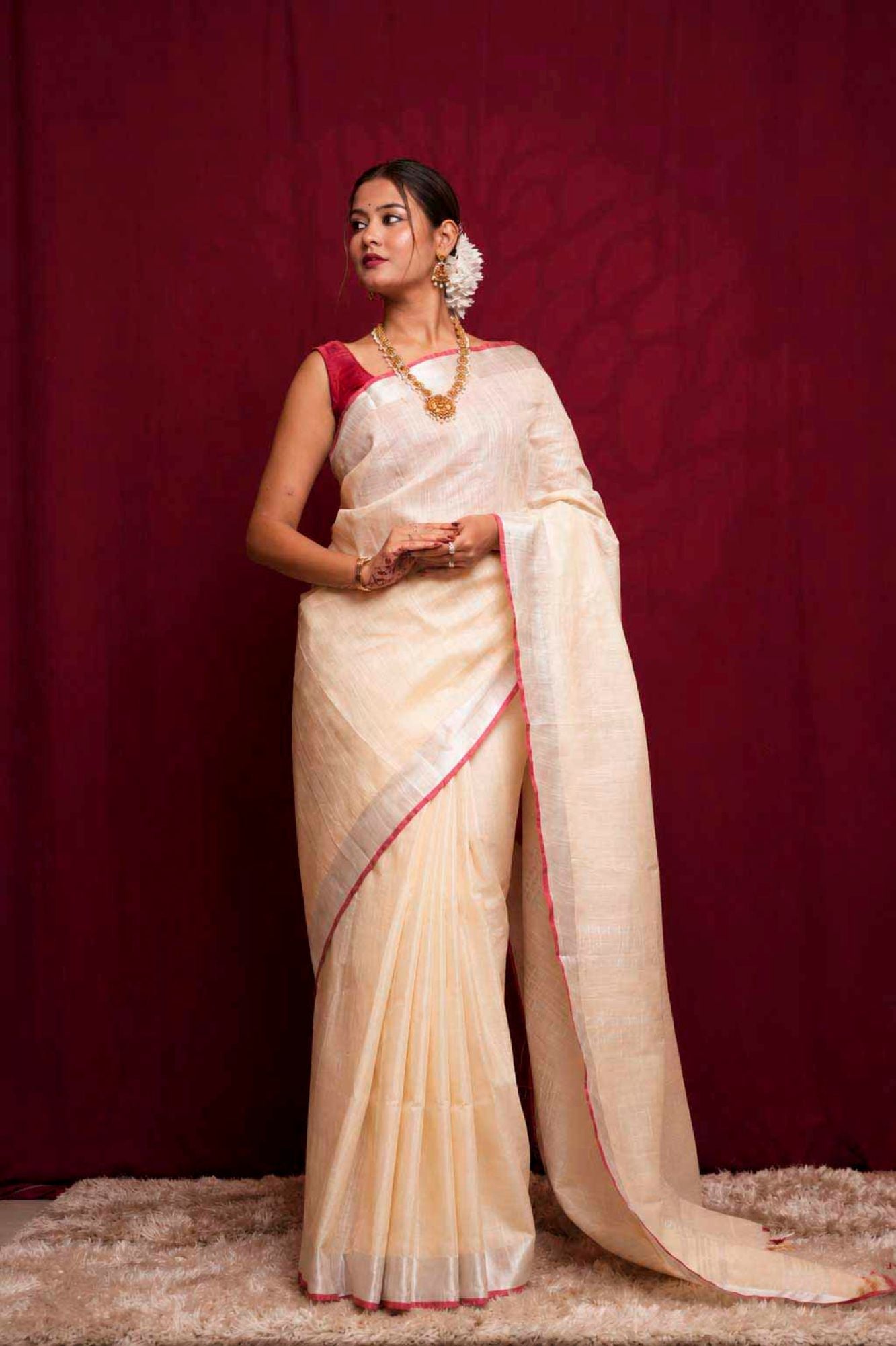 Off white bhagalpuri linen with zari & red tiny border Ready To Wear saree
