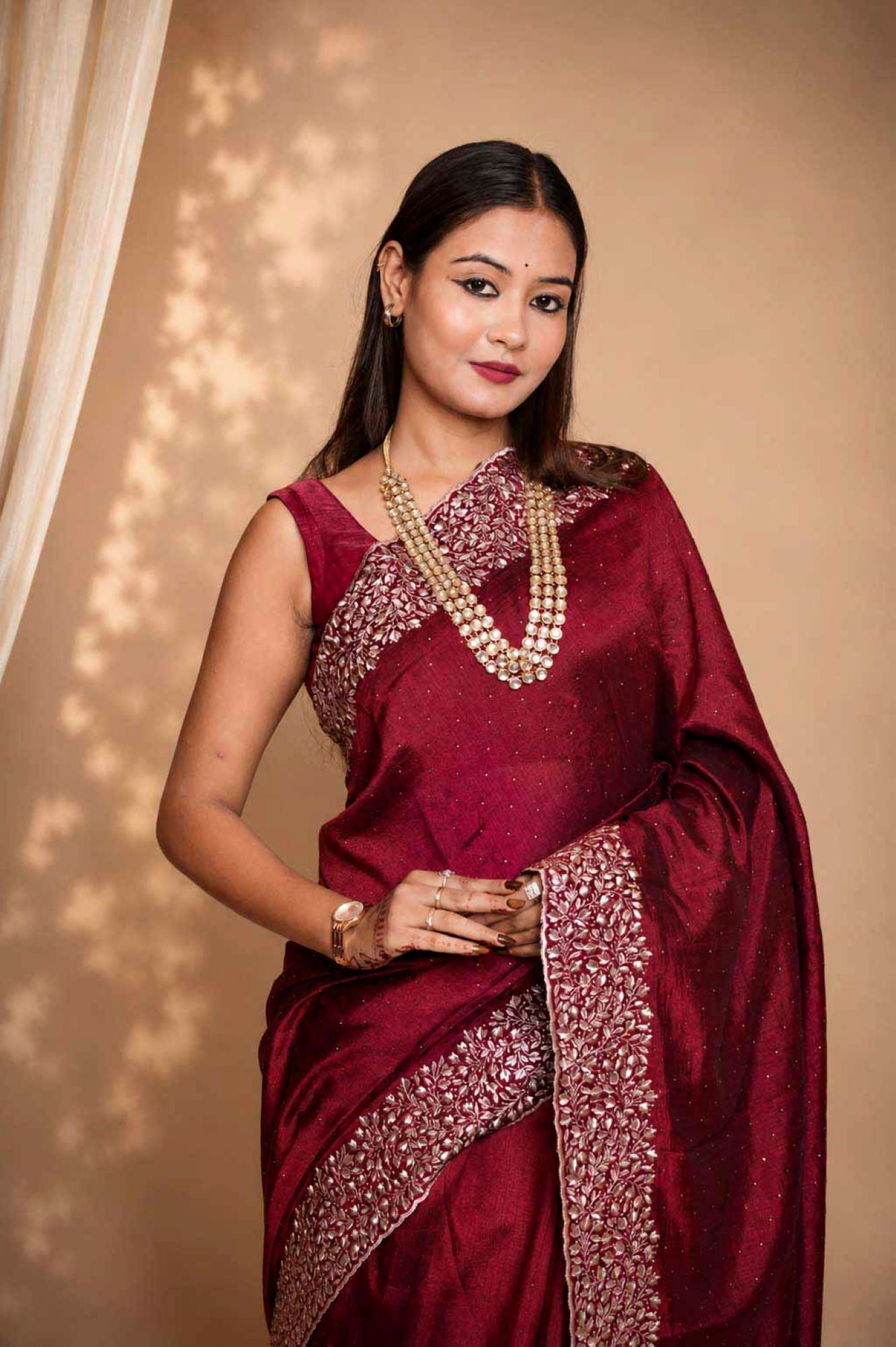 Ready To Wear Zari Embroidered Border With Overall Stone Work Saree