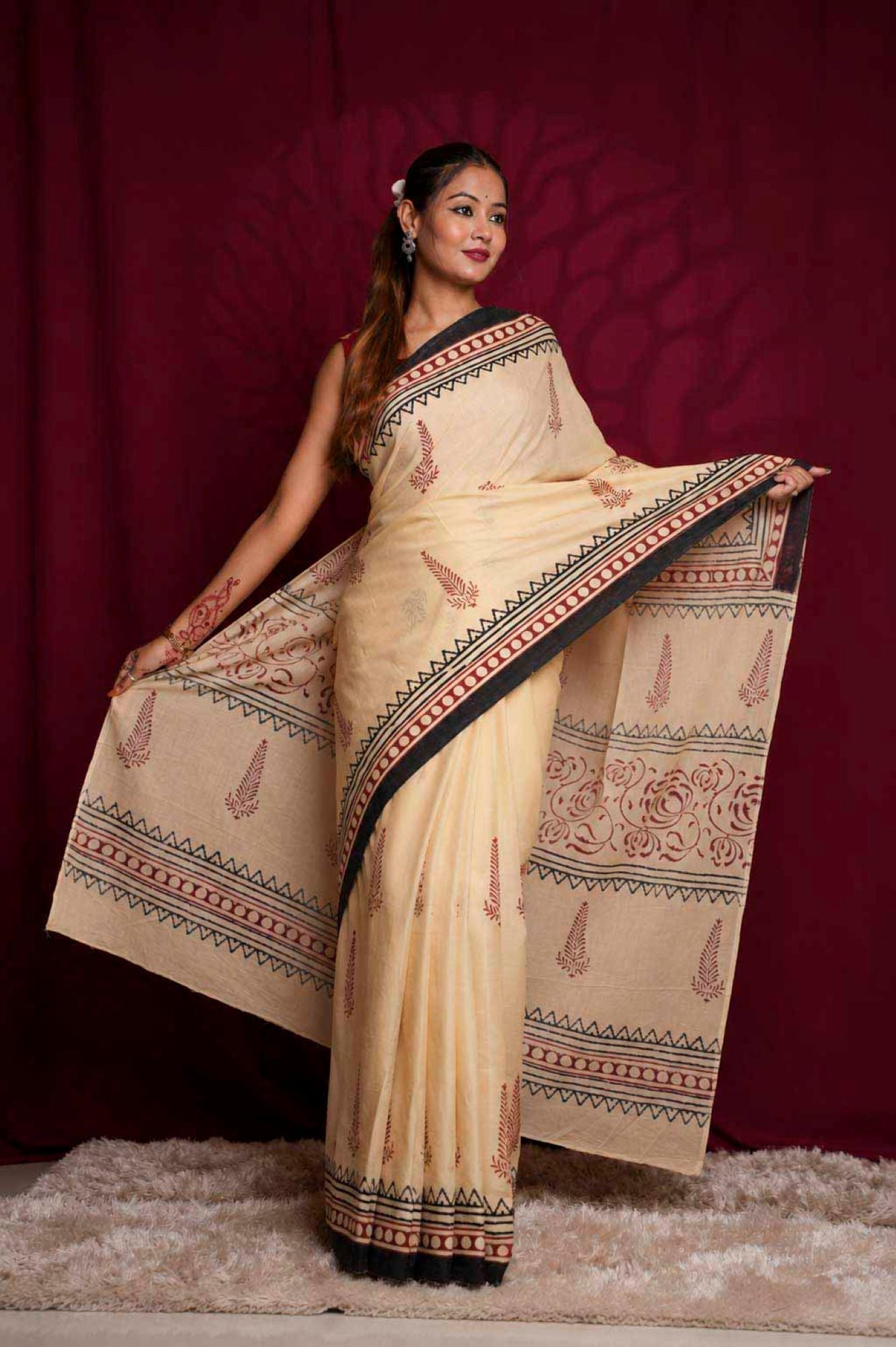 Beige Hand Block Print With  Border Design Cotton Ready To Wear Saree