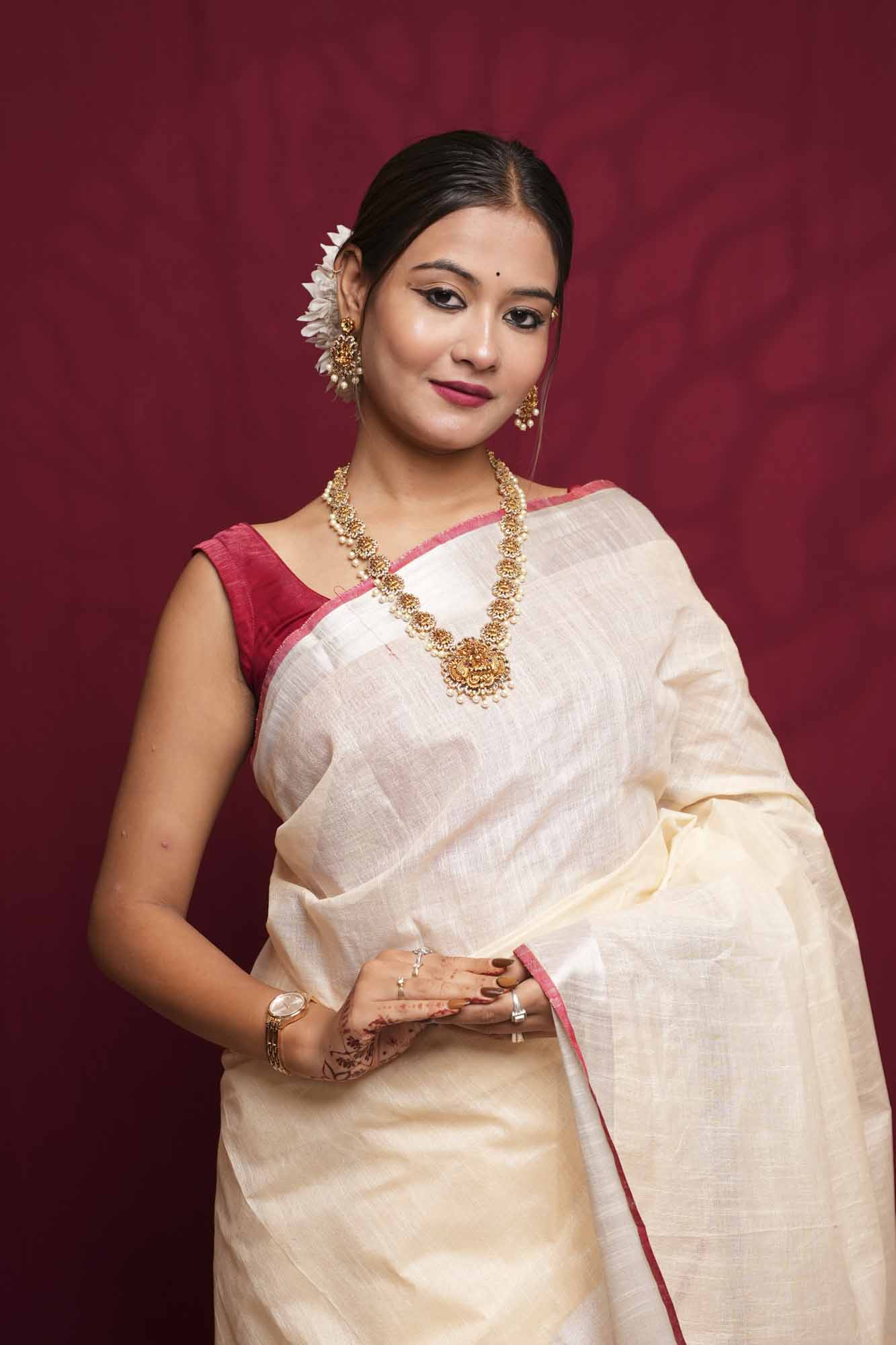Off white bhagalpuri linen with zari & red tiny border Ready To Wear saree