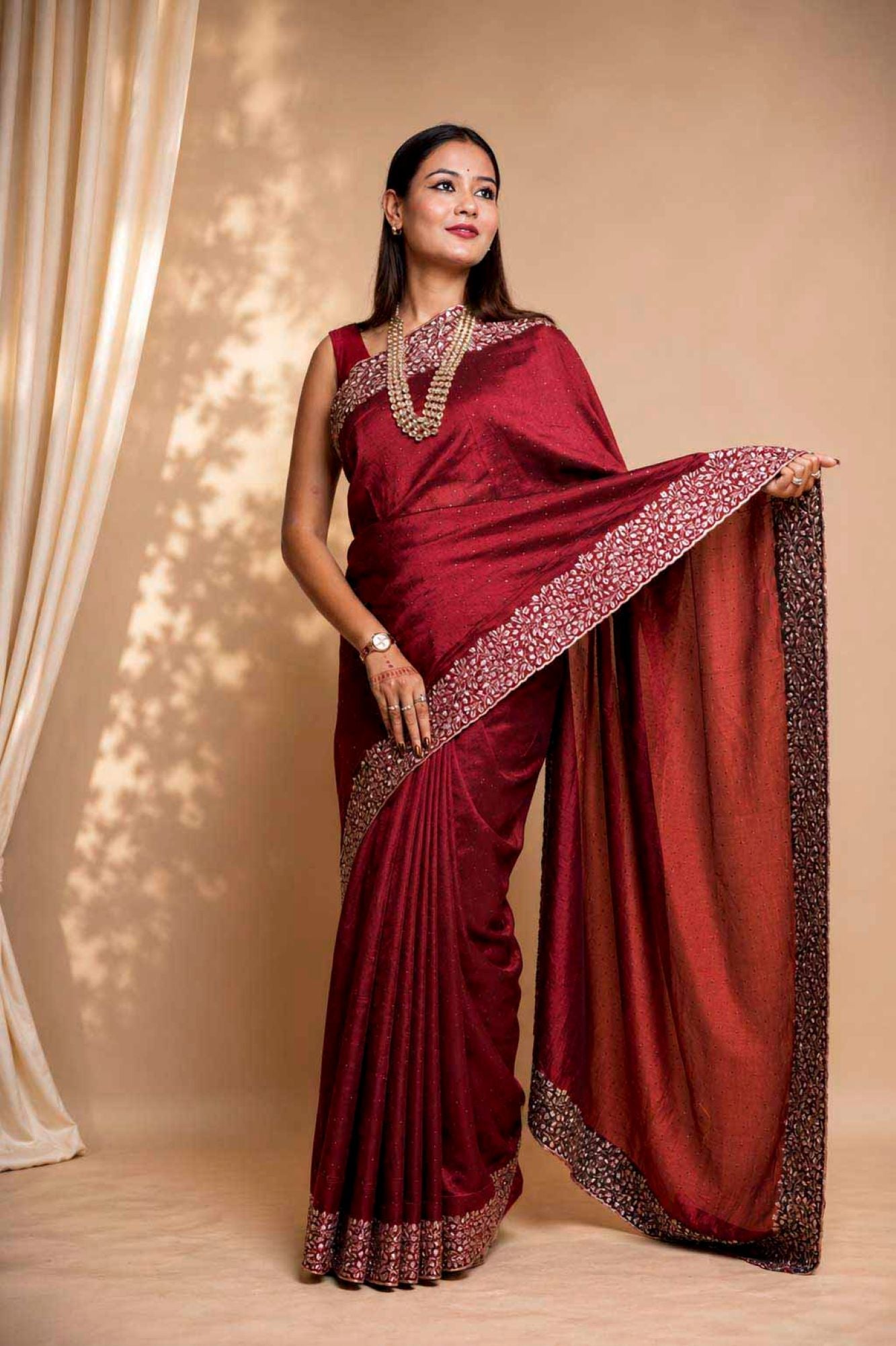 Ready To Wear Zari Embroidered Border With Overall Stone Work Saree
