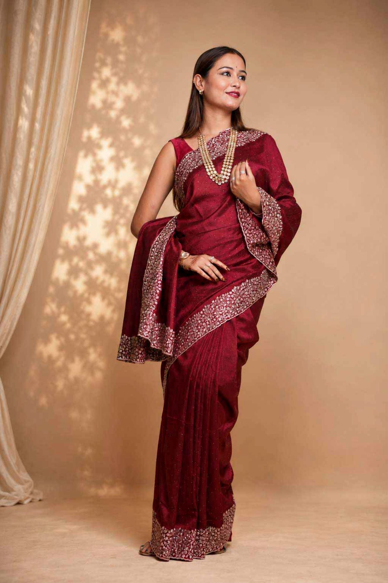 Ready To Wear Zari Embroidered Border With Overall Stone Work Saree