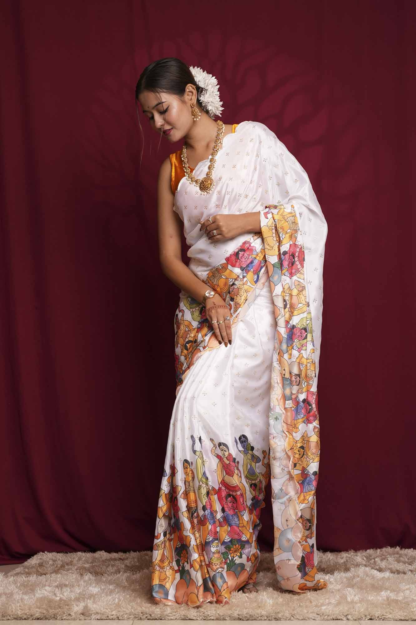 Heritage Pattachitra Art & Scalloped Border Ready  to Wear Saree