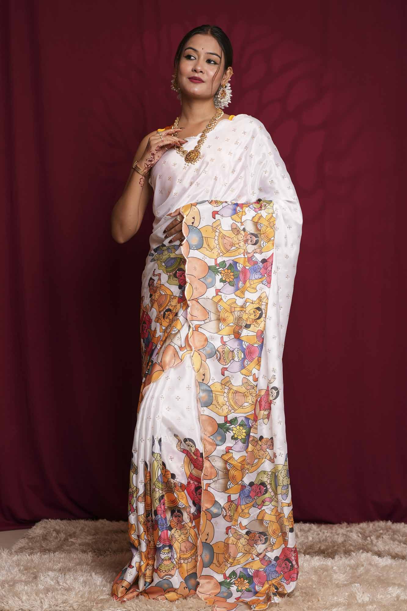 Heritage Pattachitra Art & Scalloped Border Ready  to Wear Saree