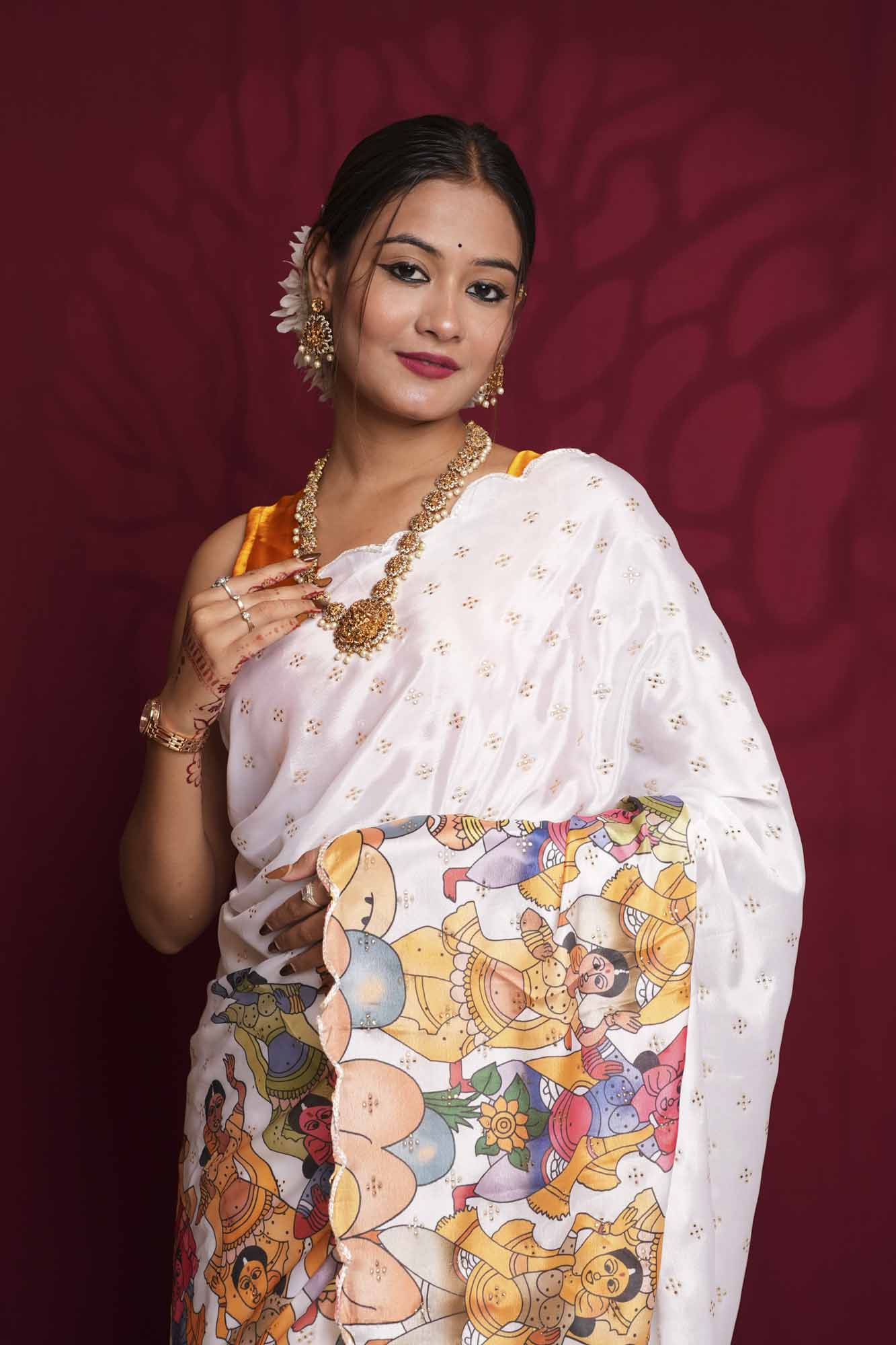 Heritage Pattachitra Art & Scalloped Border Ready  to Wear Saree