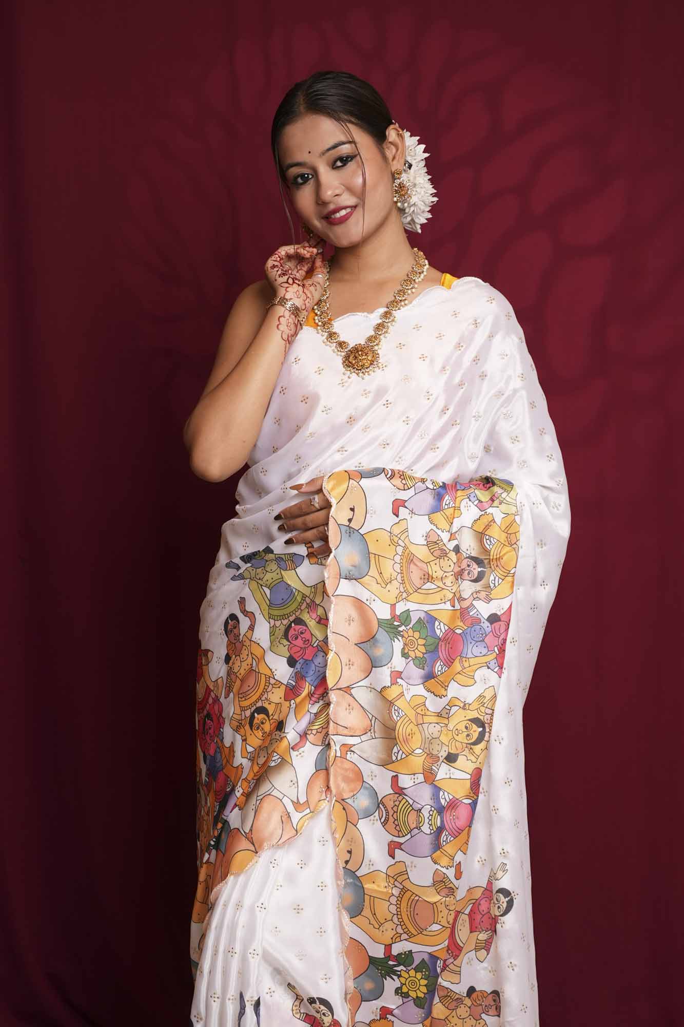 Heritage Pattachitra Art & Scalloped Border Ready  to Wear Saree