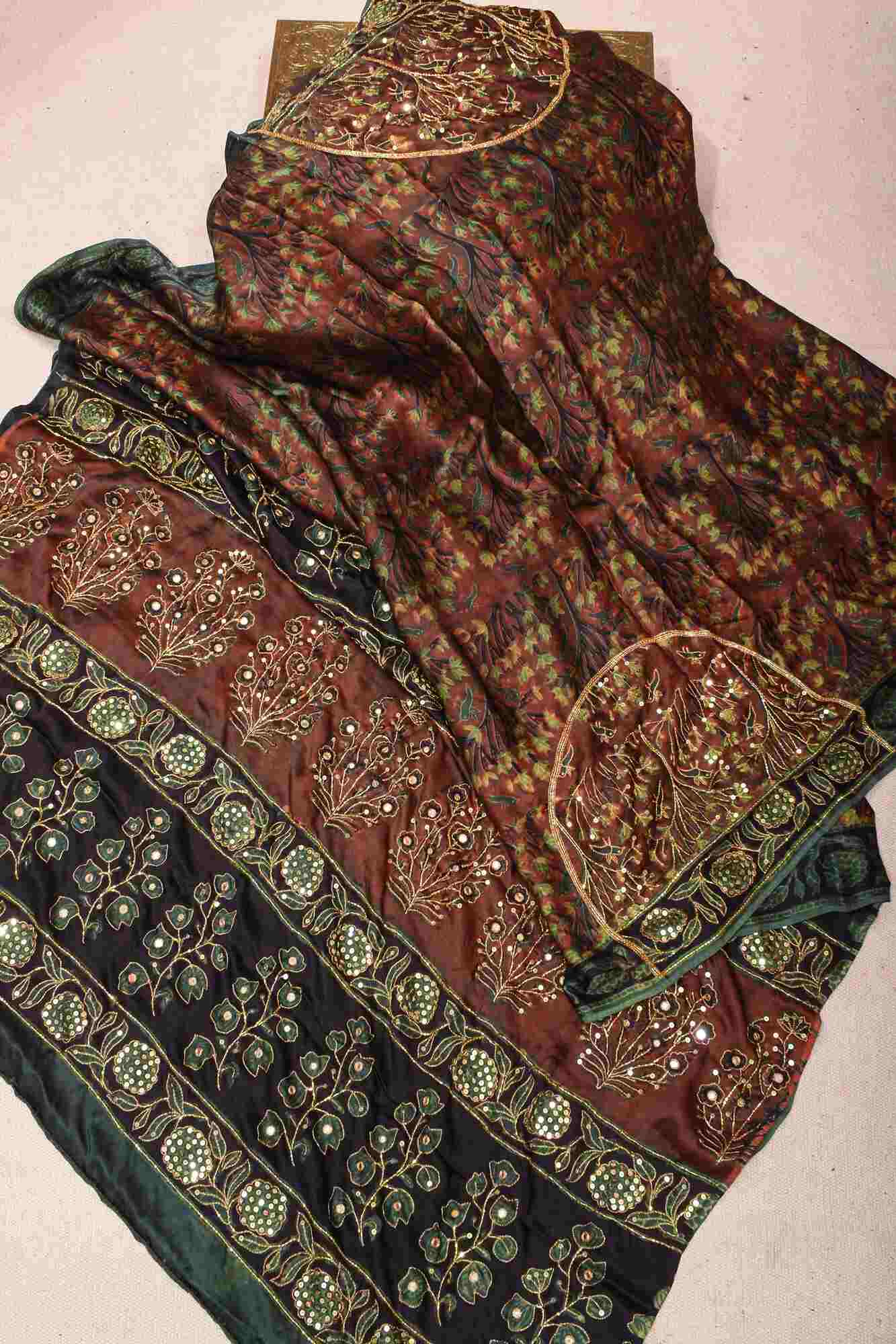 Pre Drape Maroon Modal Silk Saree with Vanaspati Hand Block Print, Floral Pattern, and Cutdana & Sequins Work