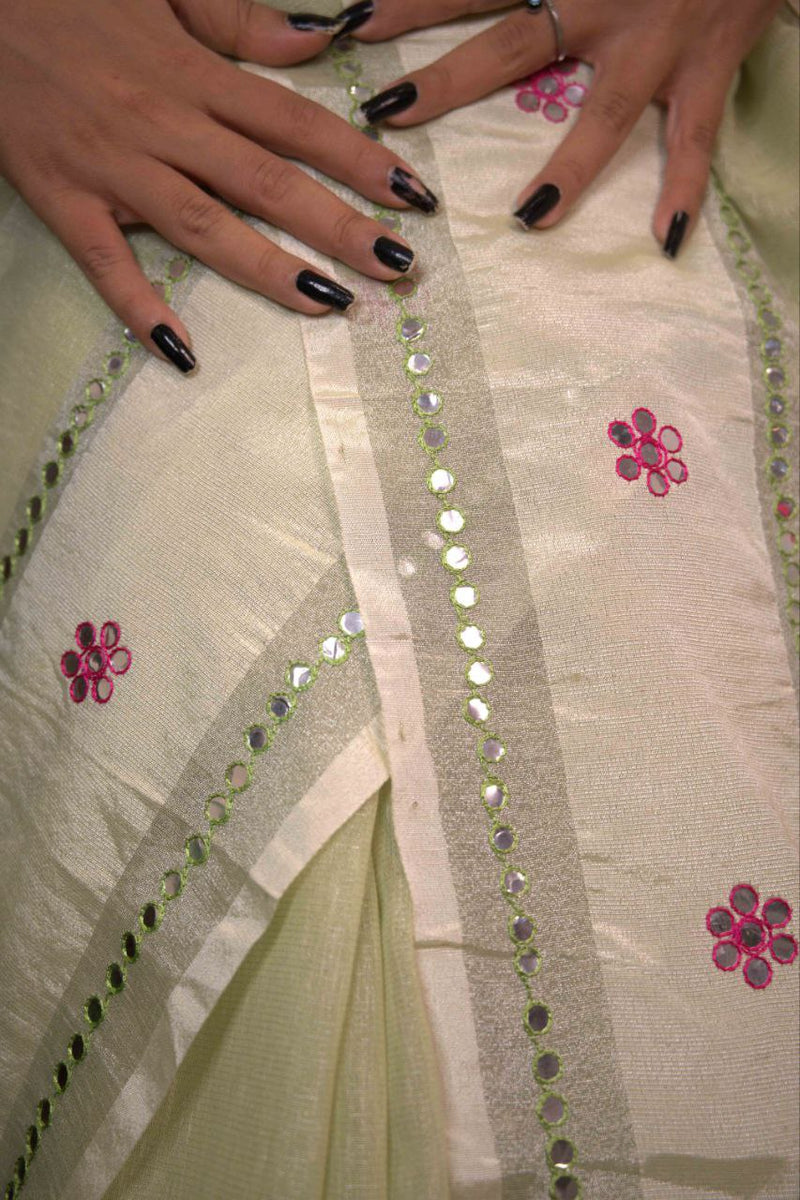 Delicate light mint green mirror work gota patti flower embroidery prestitched 1 min saree - Isadora Life
