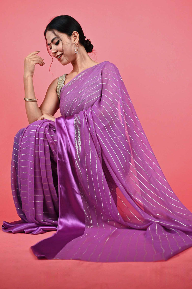 Ready To Wear Ravishing Georgette Lavender With silver Interwoven  Wrap in 1 minute saree - Isadora Life