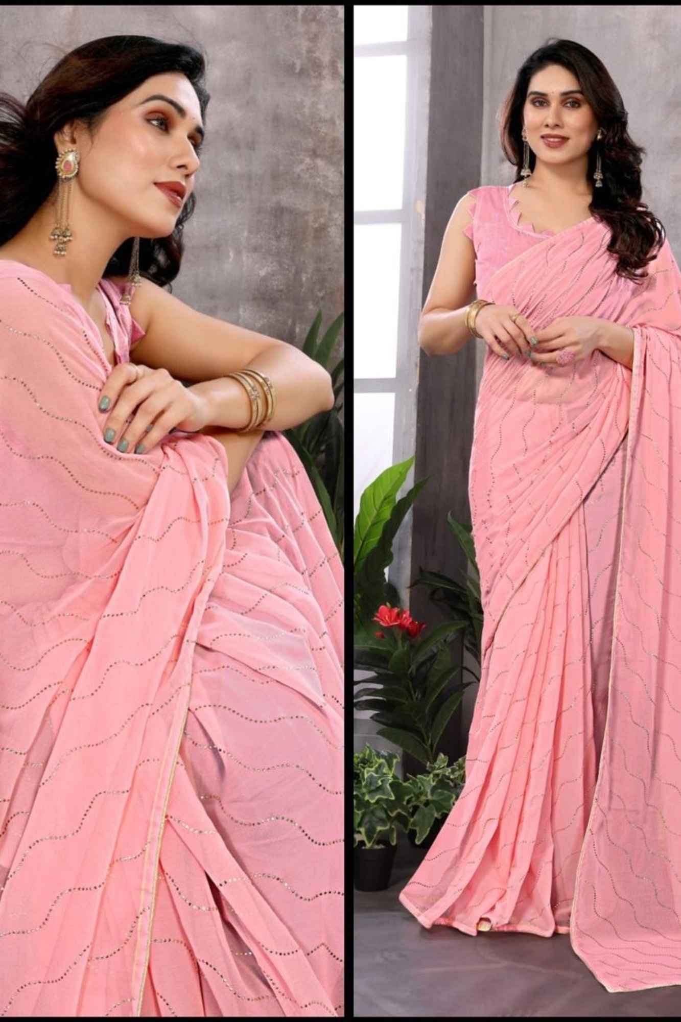 Soft Georgette Pink with Floral Accents Ready To Wear Saree