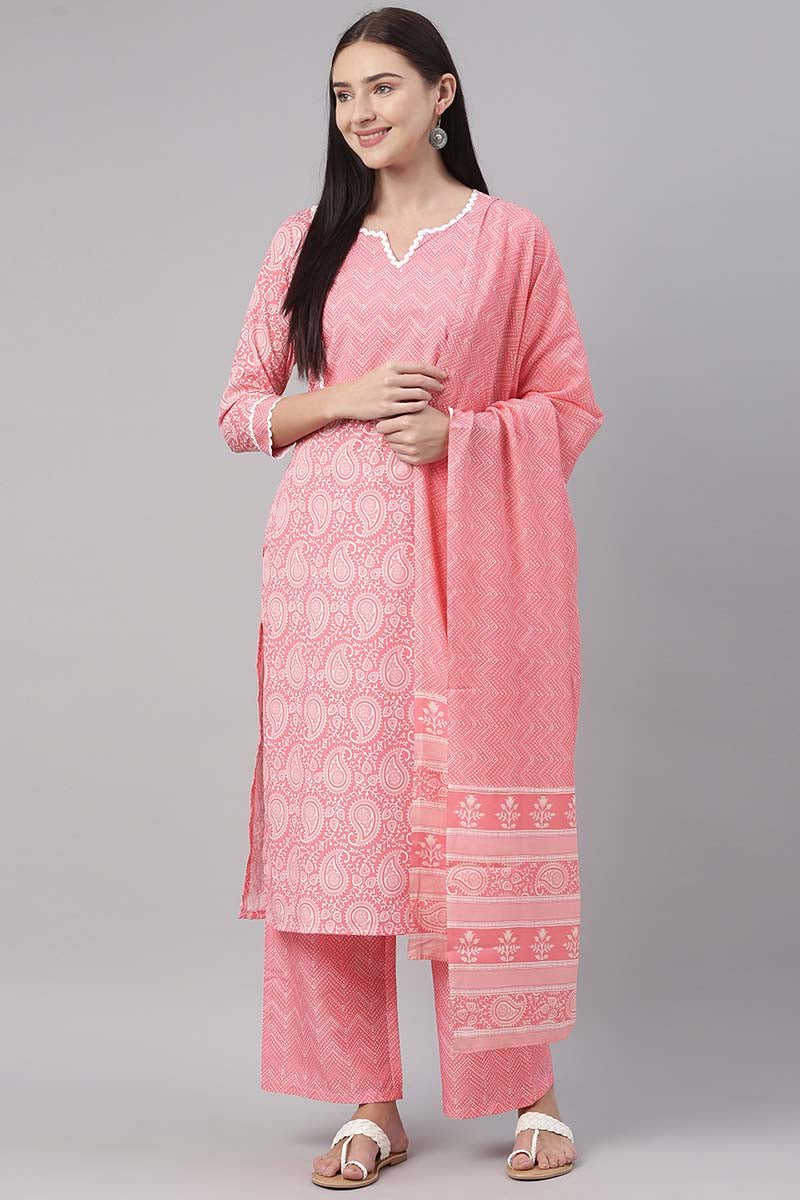 Pink Polyester Paisley Printed Straight Suit Set | SHOBITAM