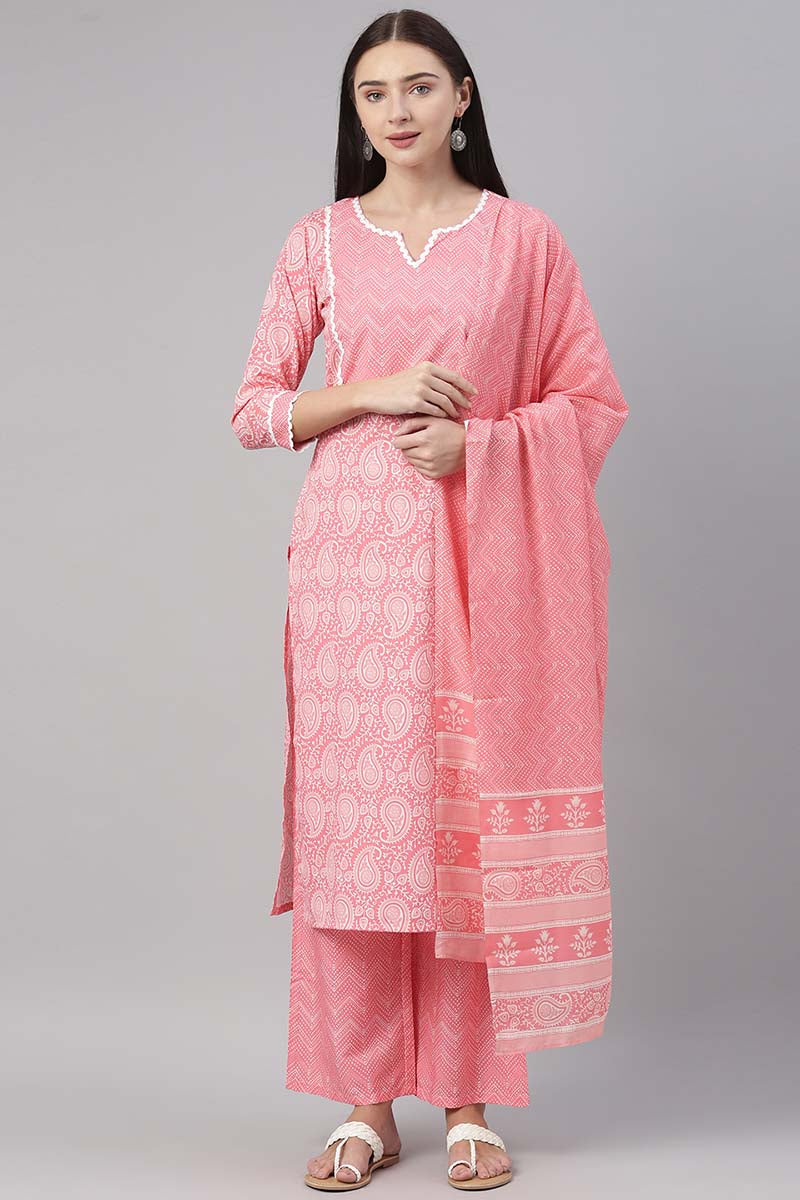 Pink Polyester Paisley Printed Straight Suit Set | SHOBITAM