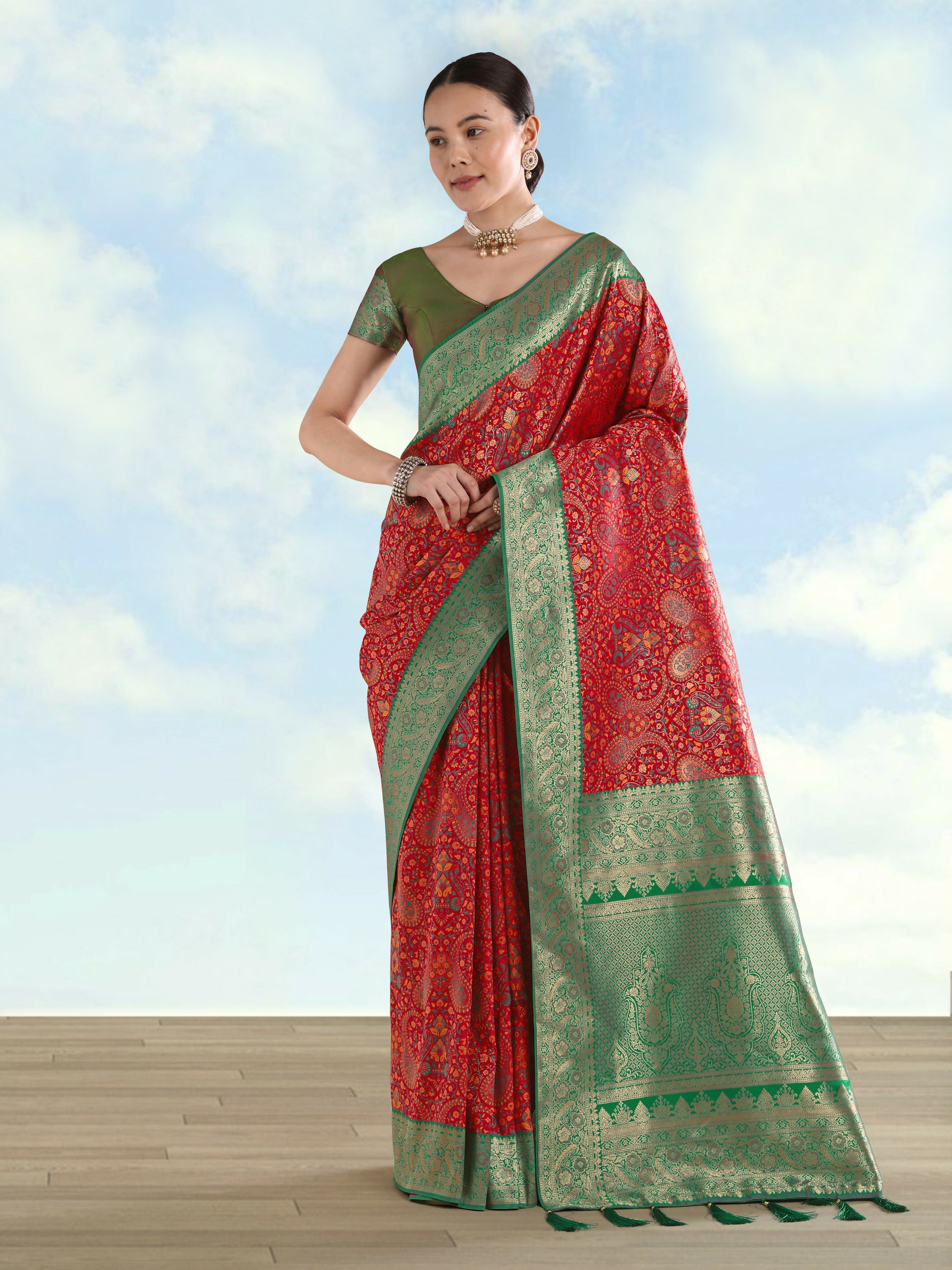 Red Banarasi Semi Silk Saree With Traditional Paisley Weaves | Shobitam