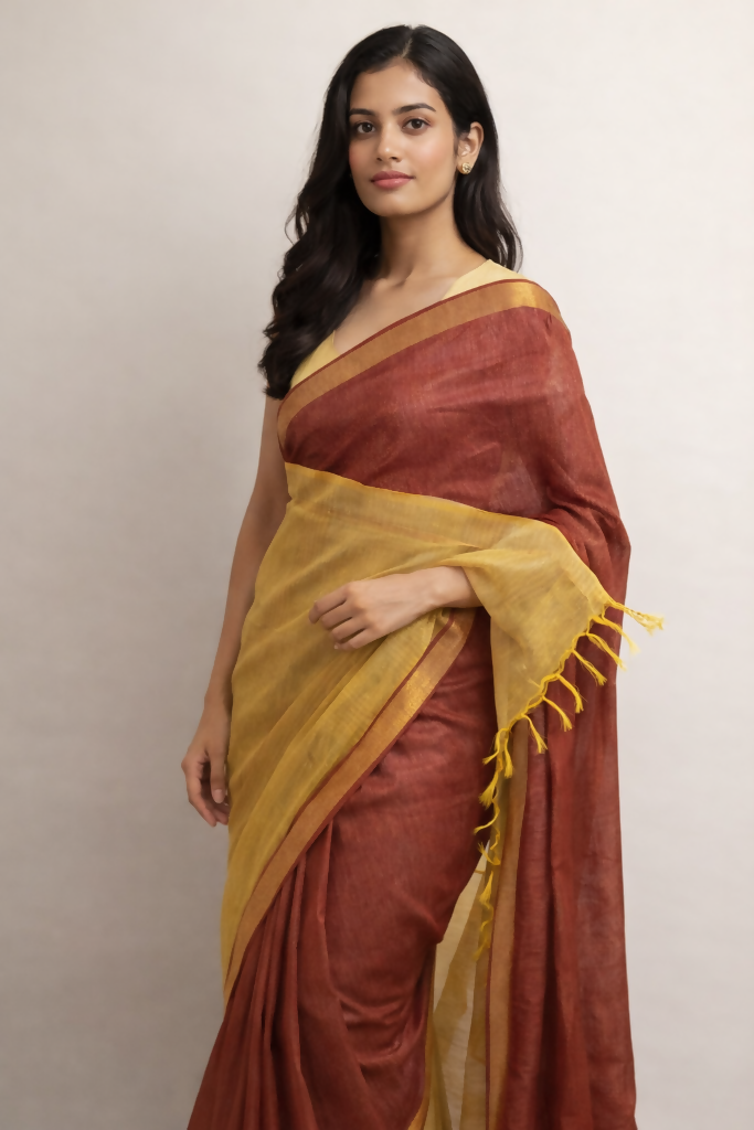 Sunshine Yellow Rust Pink Handwoven Cotton Silk Saree | SHOBITAM