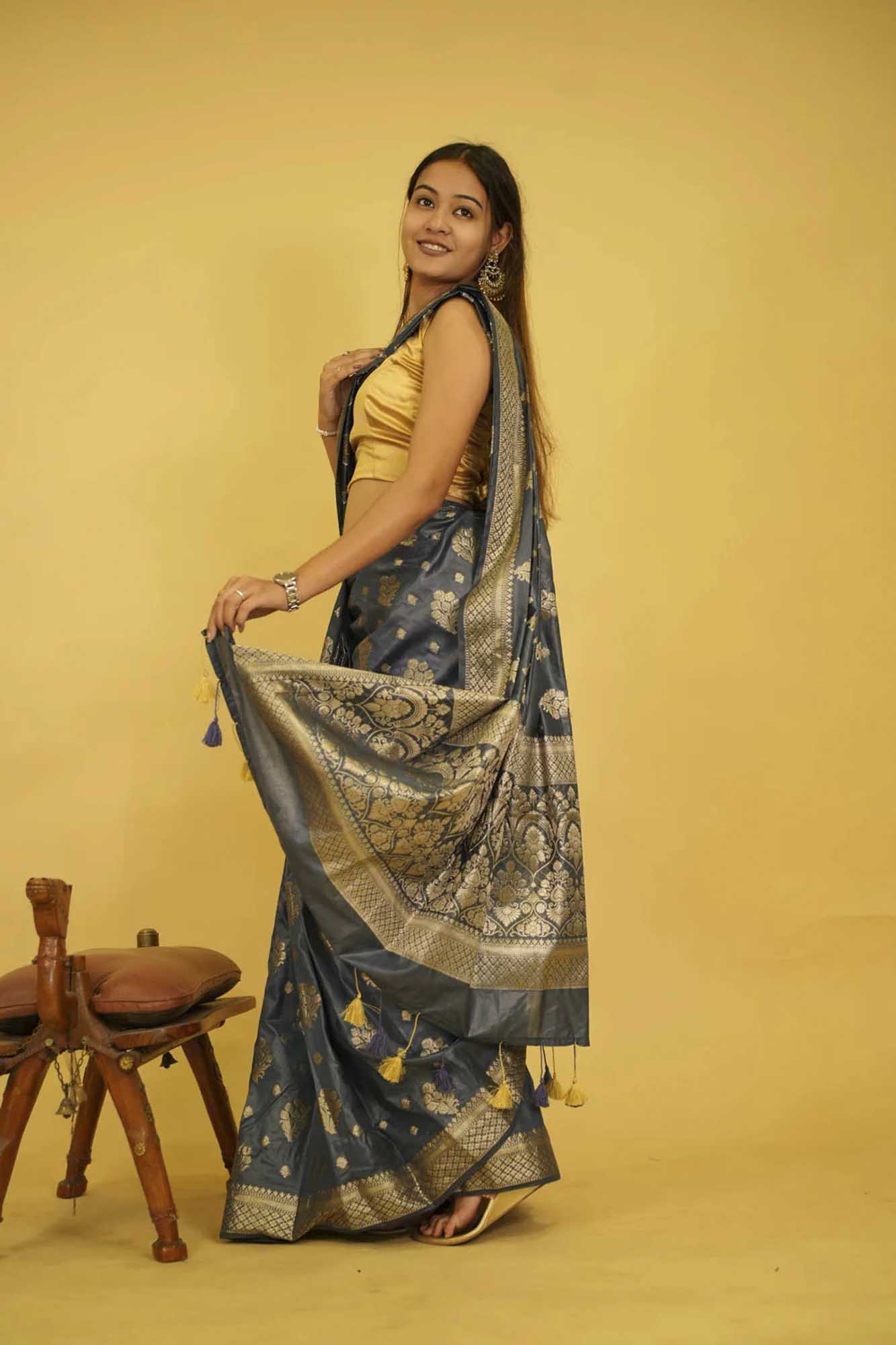 Exquisite  Katan Inspired Silk Saree with Intricate All-Over Butas and Ornate Palla, Adorned with Luxurious Tassels – A Ready-to-Wear Saree