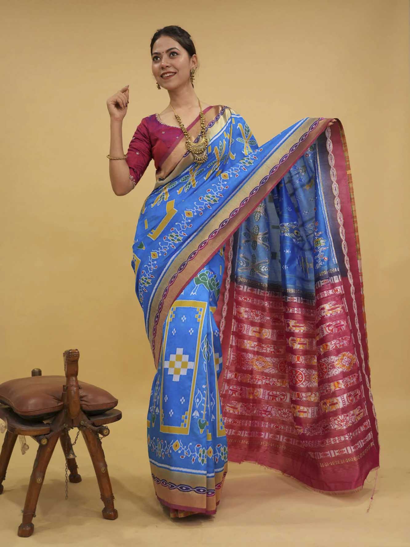 Firozi Blue With Contrast Border & Palla With Ikat Woven Overall Ready To Wear Saree