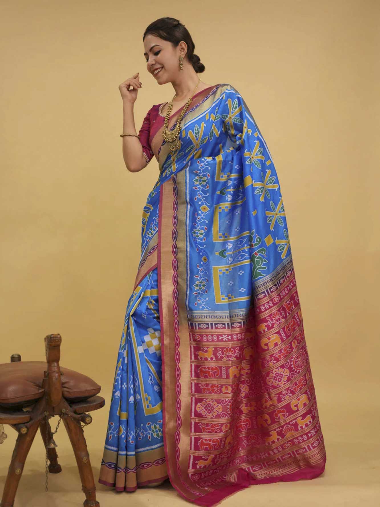 Firozi Blue With Contrast Border & Palla With Ikat Woven Overall Ready To Wear Saree