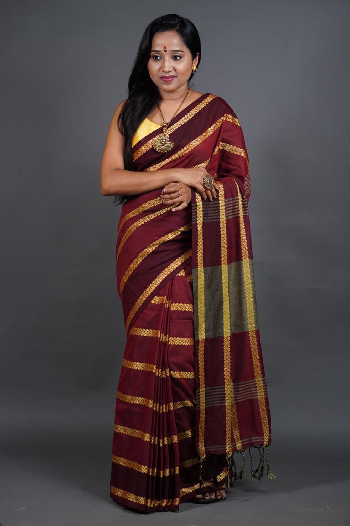 Traditional Naksha Weave  Red Maroon With Golden Thread Overall With Tassels On Pallu Pre Drape Saree