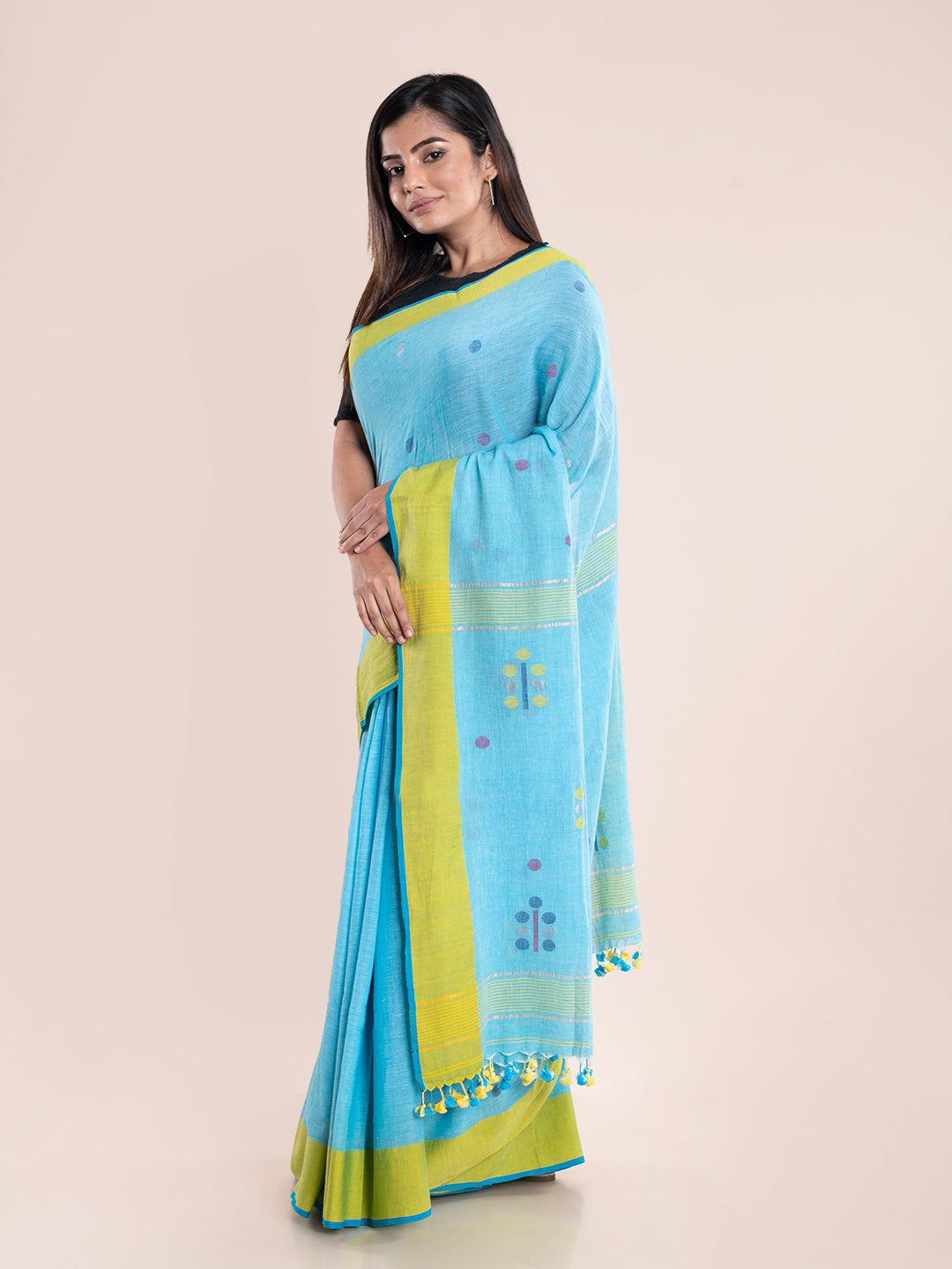 Blue Yellow Jamdani Cotton Saree With Blouse Piece | Shobitam