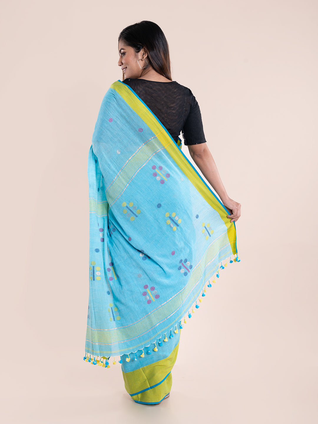 Blue Yellow Jamdani Cotton Saree With Blouse Piece | Shobitam