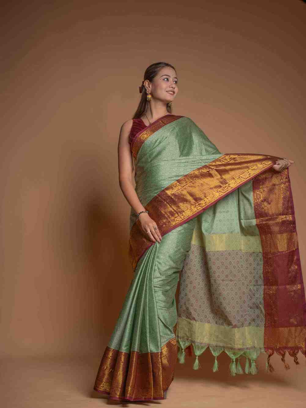 Graceful Mint Green Silk  with Rich Zari Border Ready To Wear Saree