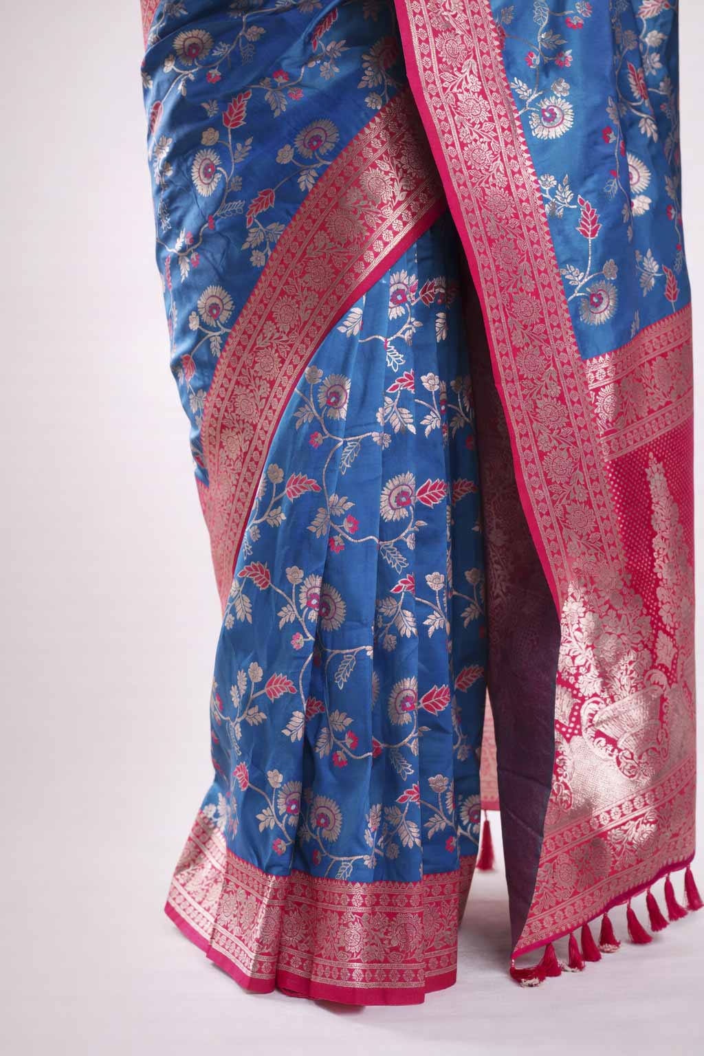 Royal Blue Floral Silk  with Pink Zari Border Ready To Wear Saree