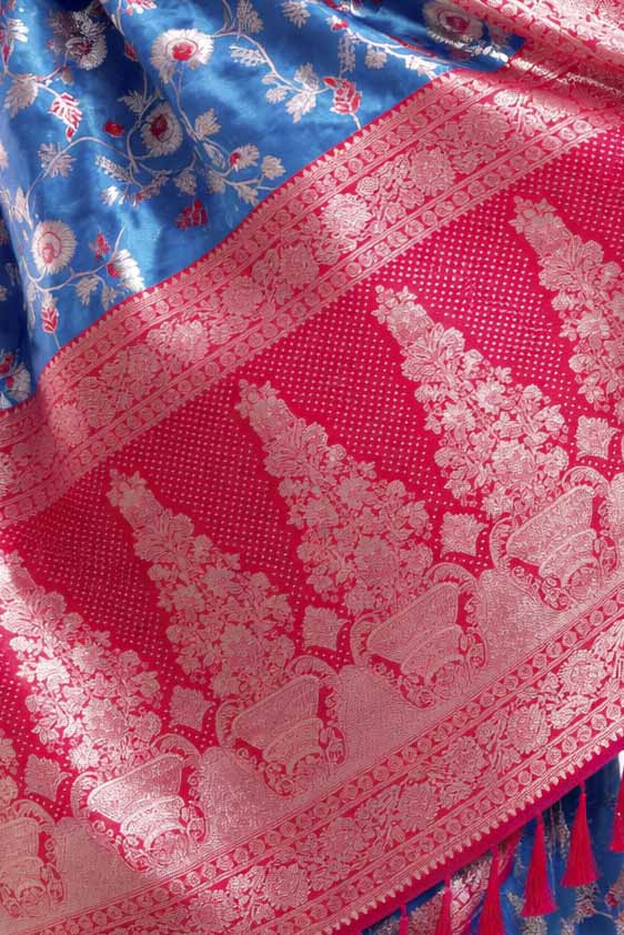 Royal Blue Jaal Banarasi Weave with Pink Zari Border Ready To Wear Saree