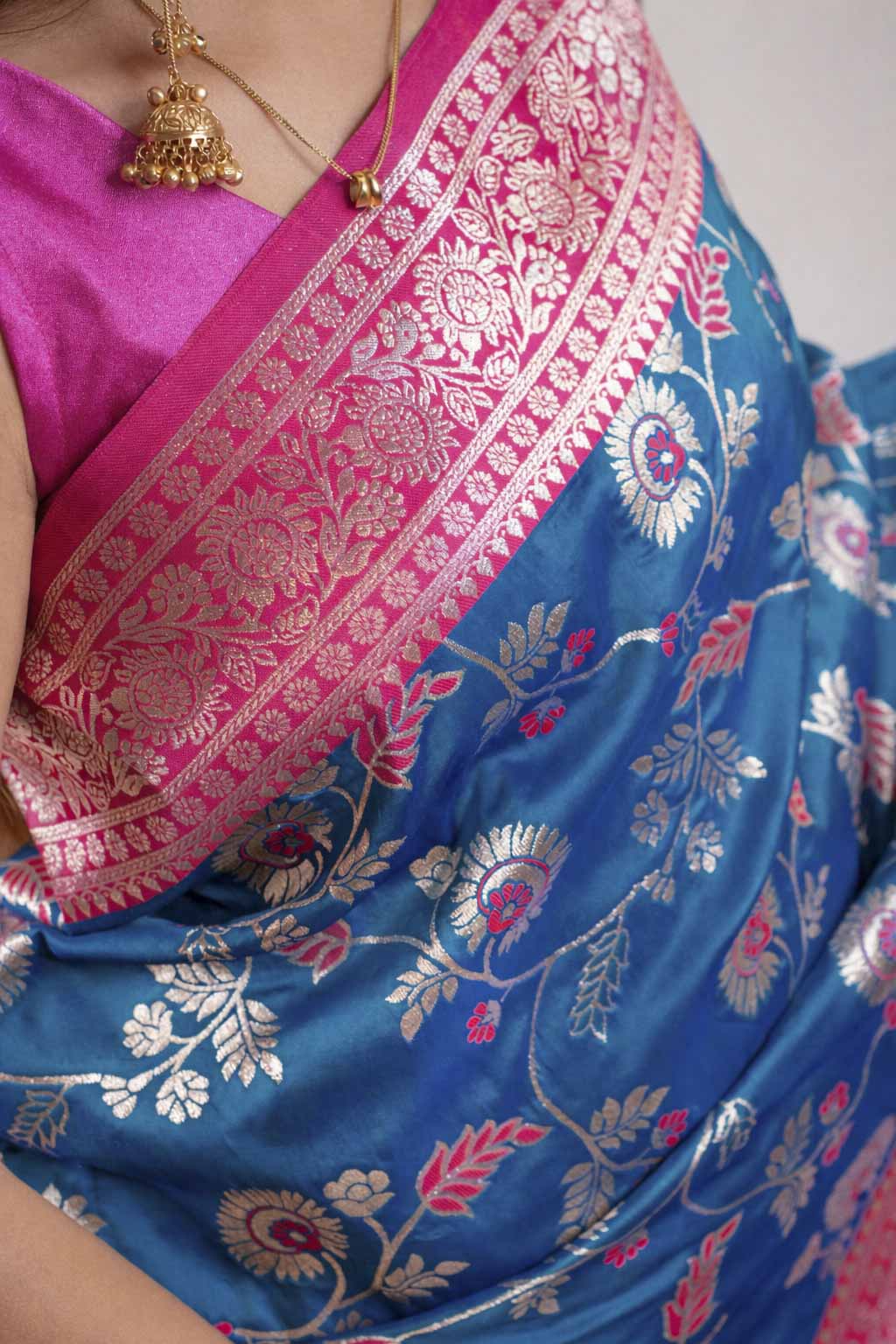 Royal Blue Jaal Banarasi Weave with Pink Zari Border Ready To Wear Saree