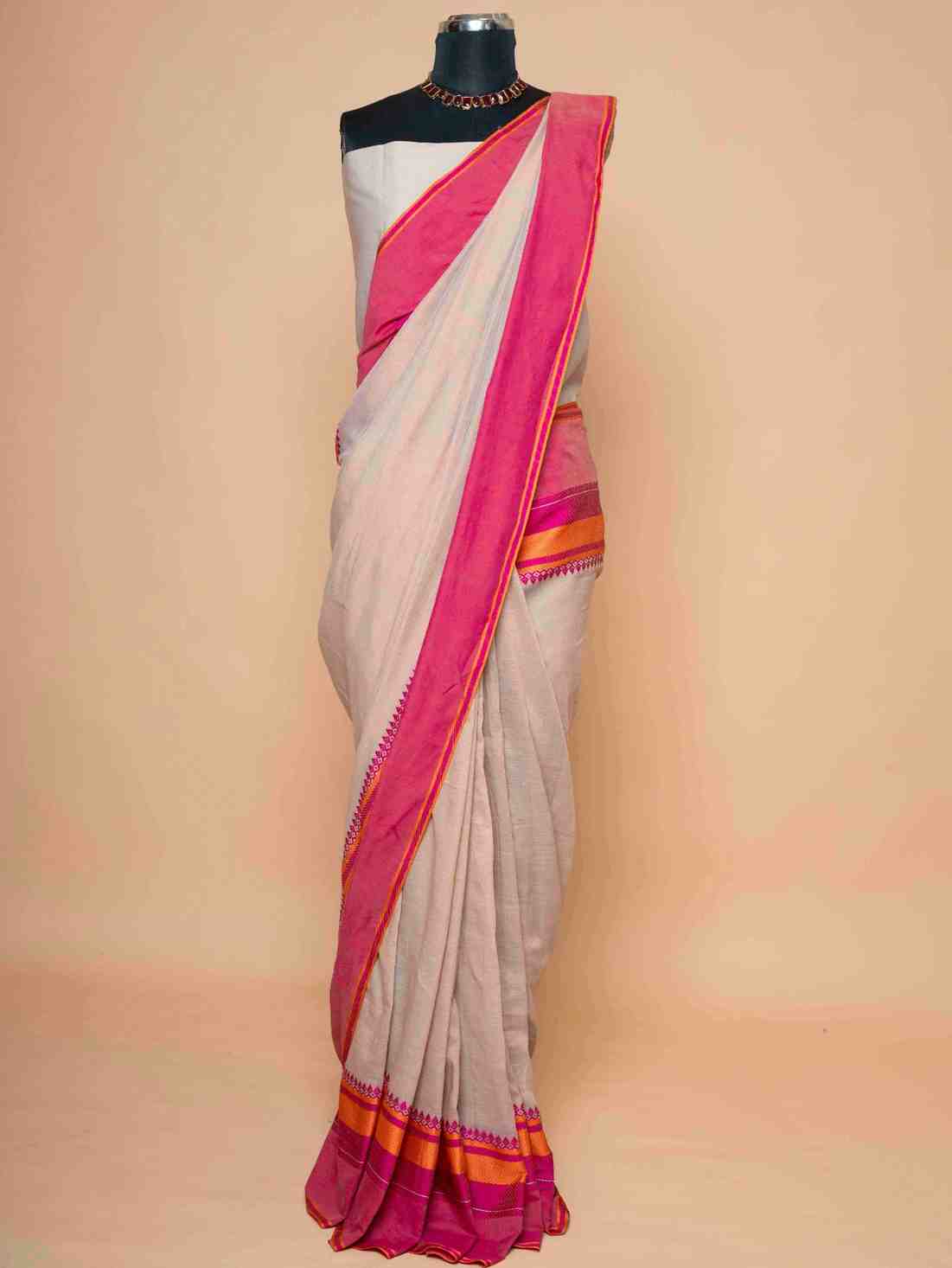 Elegant Off-White Cotton  with Pink Zari Border Ready To Wear Saree