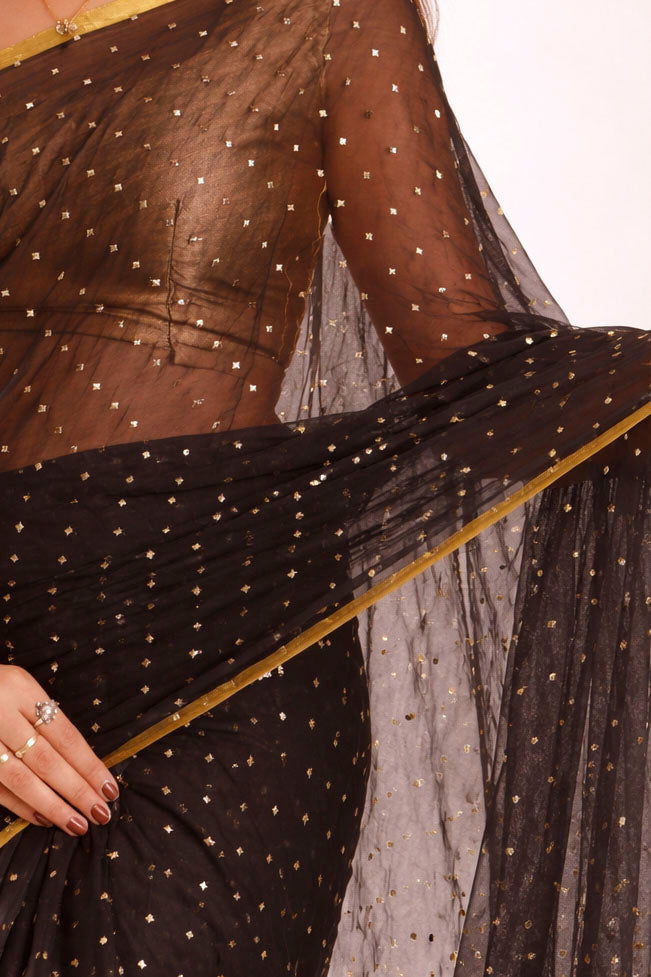 Classic Black Chiffon  with Gold Polka Dots & Border Ready To Wear Saree