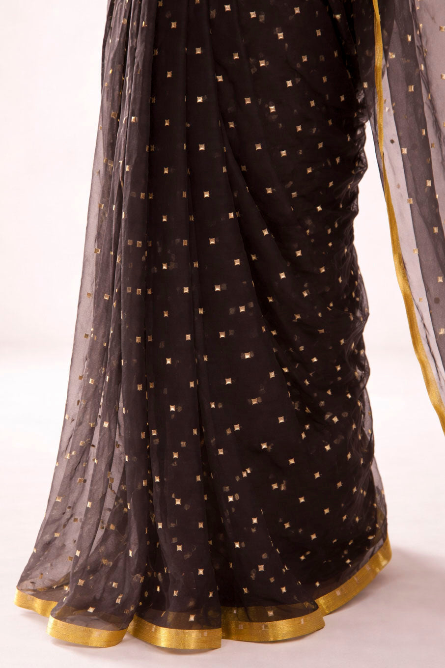 Classic Black Chiffon  with Gold Polka Dots & Border Ready To Wear Saree