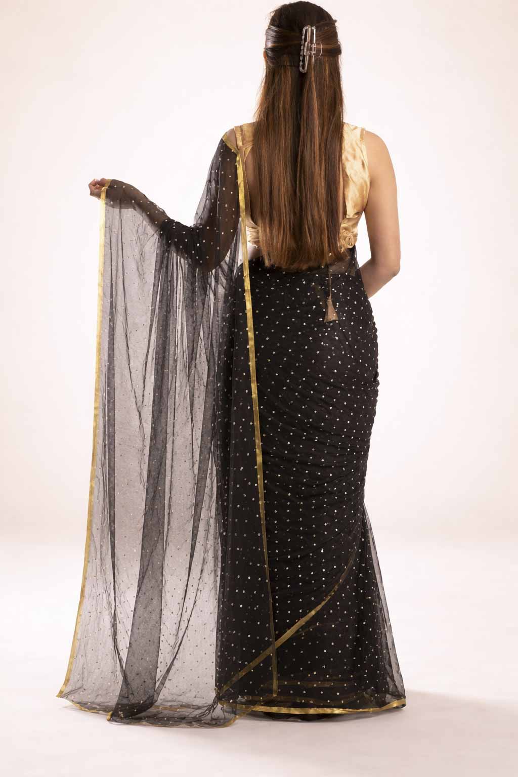 Classic Black Chiffon  with Gold Polka Dots & Border Ready To Wear Saree