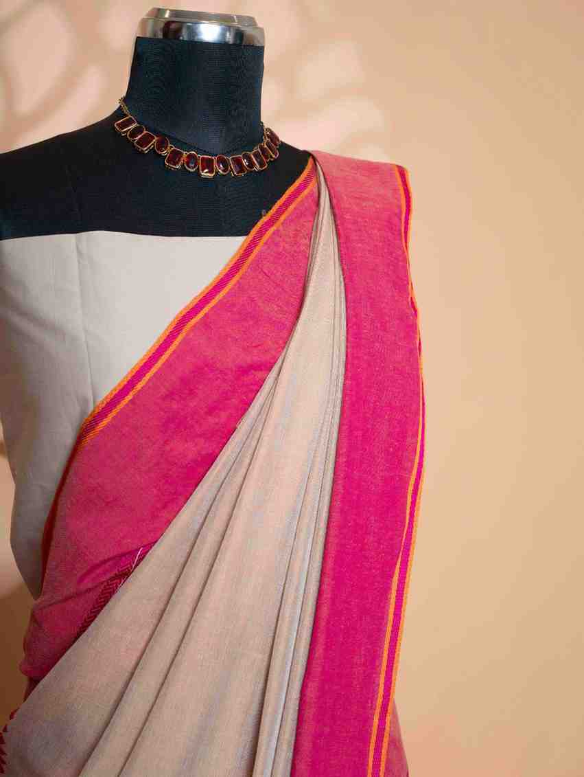 Elegant Off-White Cotton  with Pink Zari Border Ready To Wear Saree