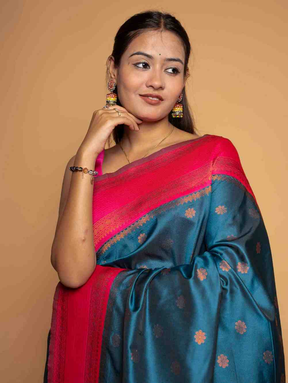 Royal Blue Design  with all over buti  Heavy Golden Embroidery Ready To Wear Saree