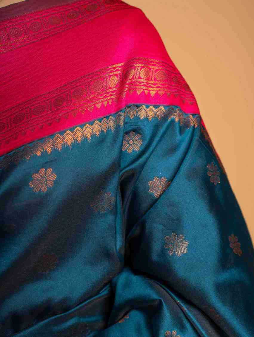 Royal Blue Design  with all over buti  Heavy Golden Embroidery Ready To Wear Saree