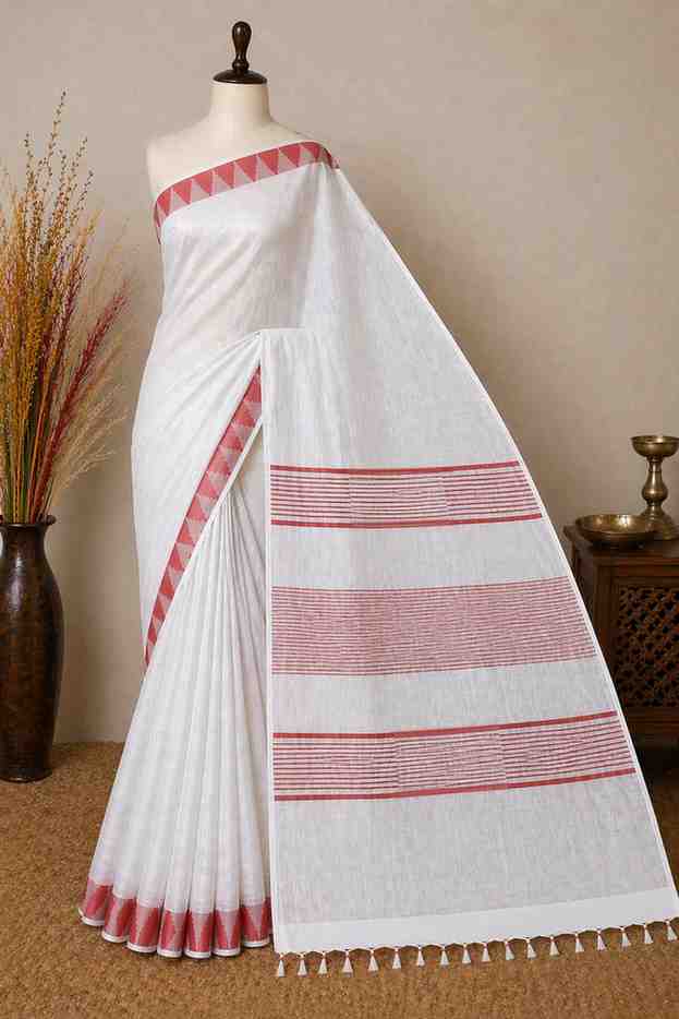 Elegant White Cotton  with Pink Woven Border Ready To Wear Saree