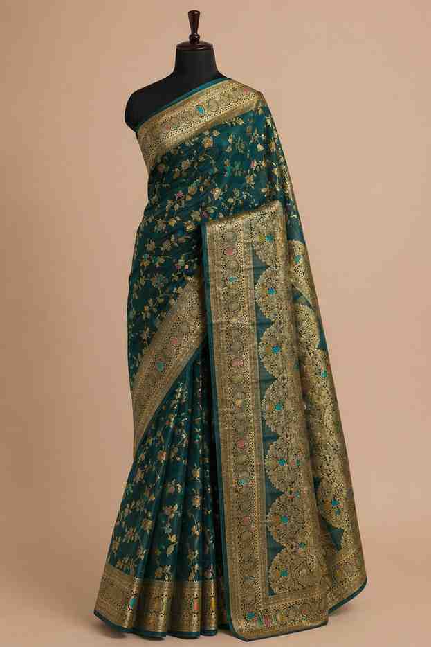 Elegant Teal Blue Floral Woven Banarasi Silk Saree