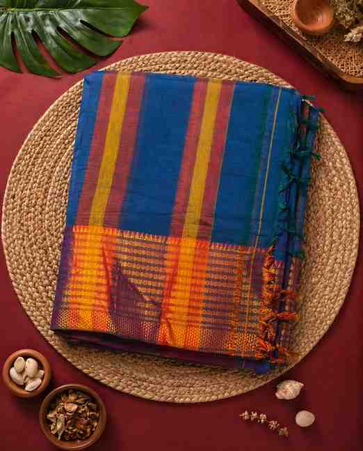 Royal Blue Traditional Cotton Silk  with Contrast Zari Border Ready To Wear Saree