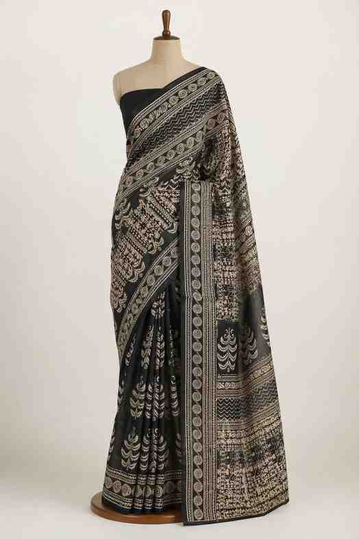 Classic Black Beige Hand Block Printed Cotton Ready To Wear Saree