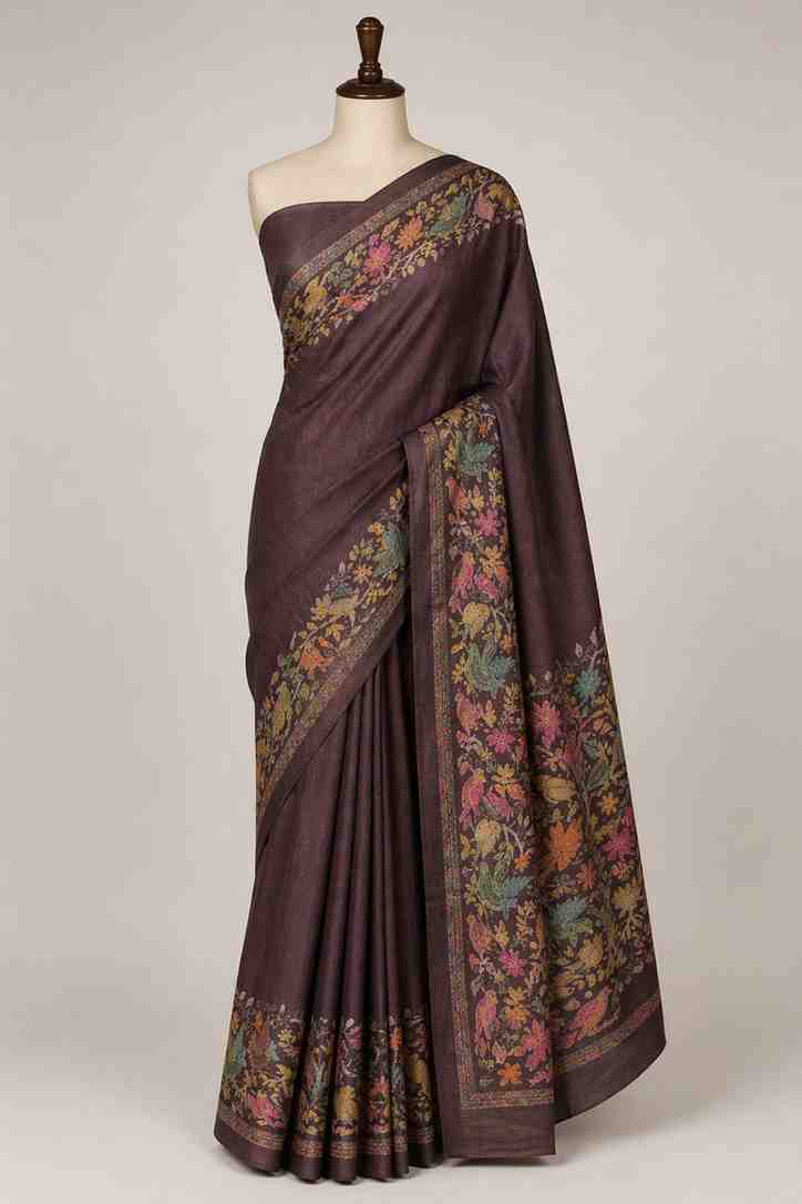Elegant Brown Floral Printed Ready To Wear Saree