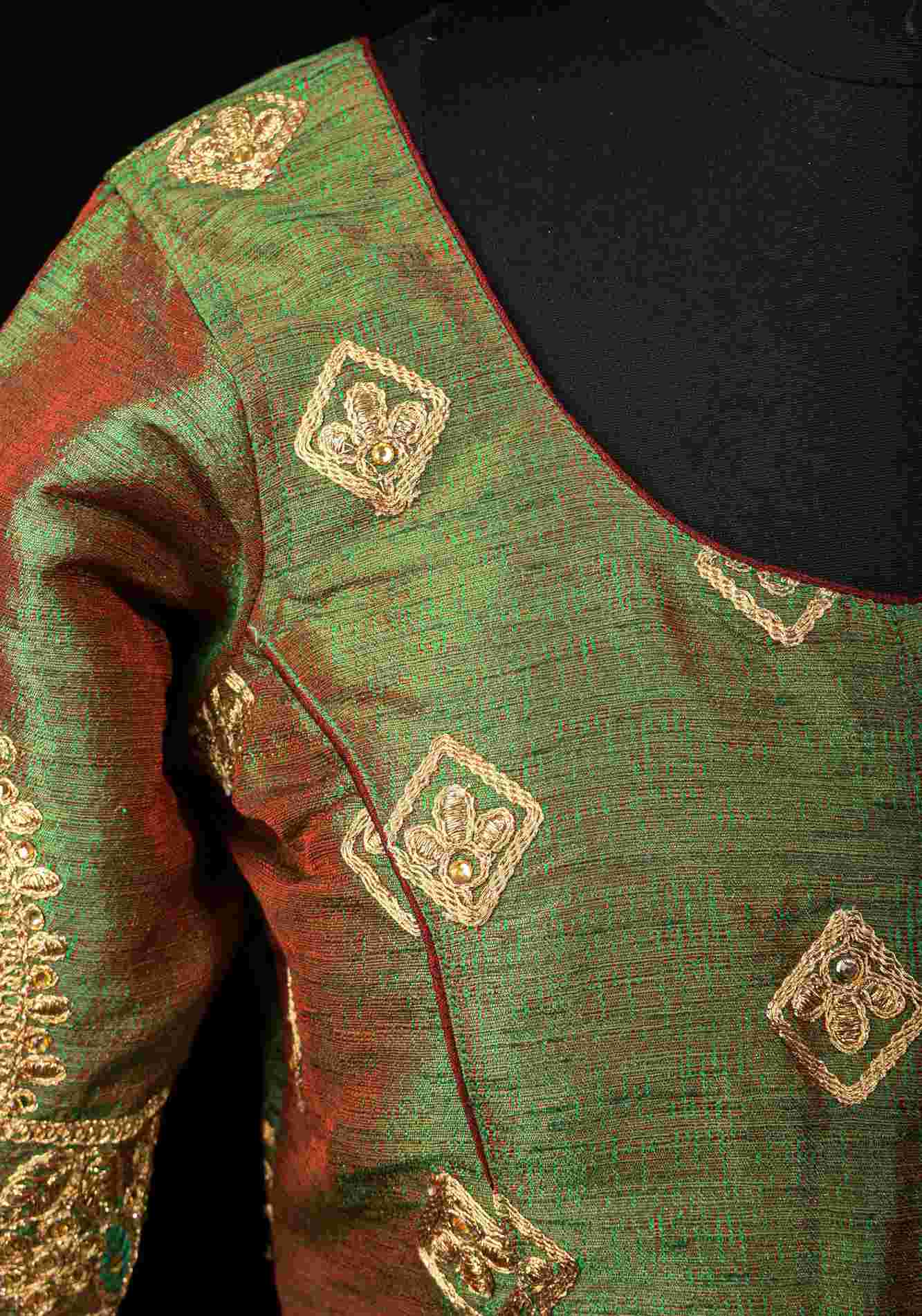 Readymade: Henna Green Semi Raw Silk Medium Length Jacket Blouse with Machine embroidery