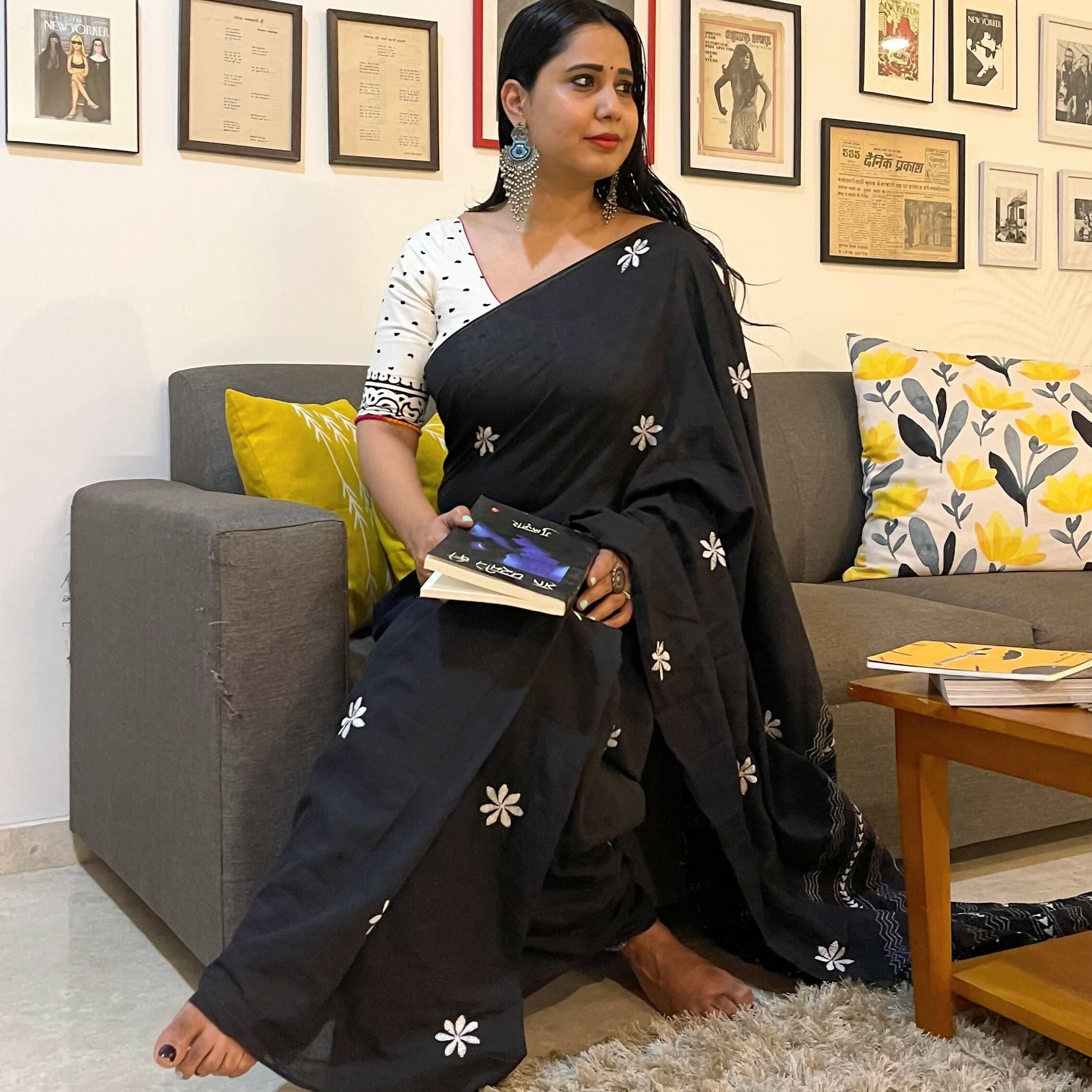 Kantha Kohl Stitch Floral Saree in Mul Cotton | Shobitam