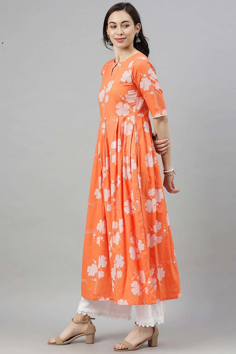 Orange Floral Printed Keyhole Neck Kurta  | SHOBITAM