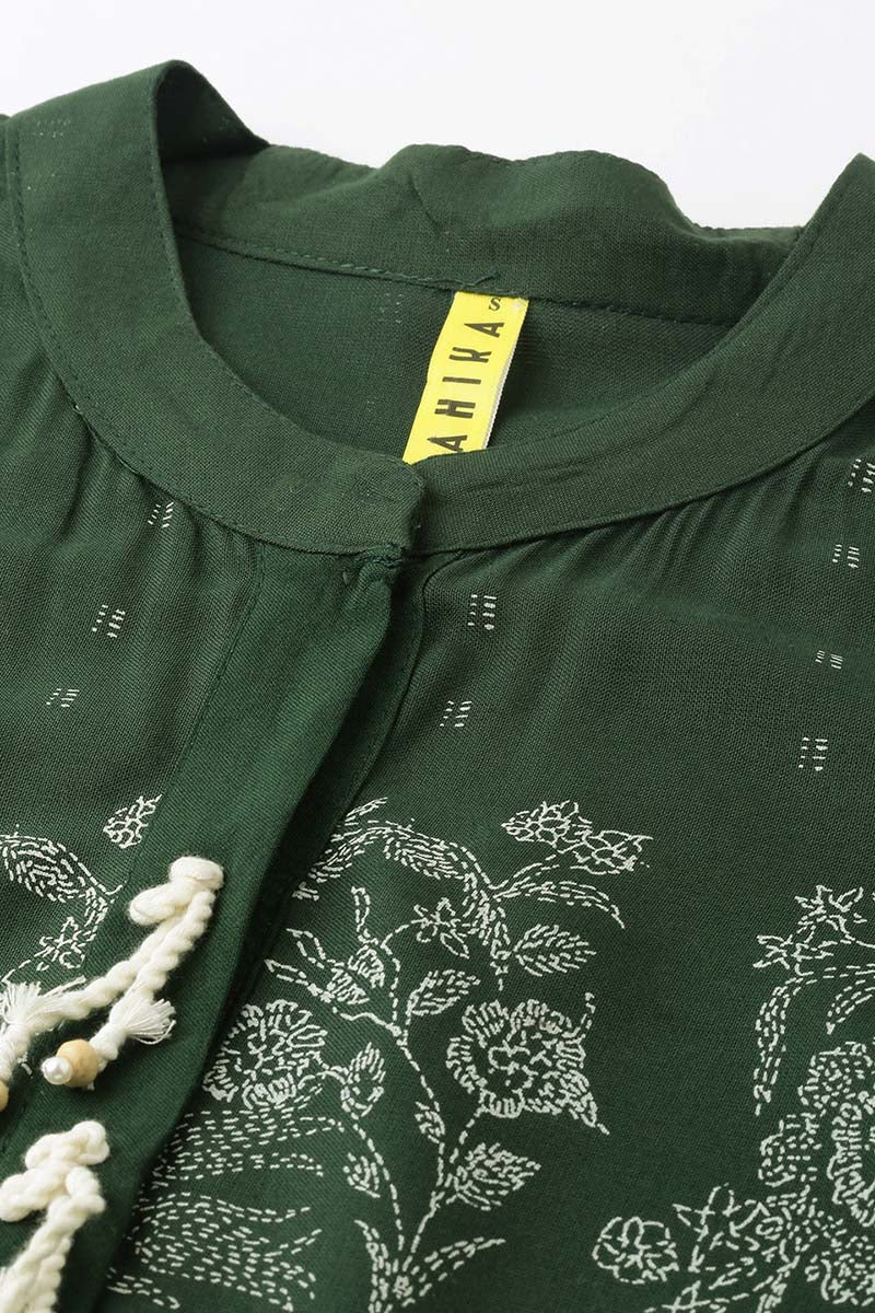 Women Olive Green Floral Printed Kurta | SHOBITAM