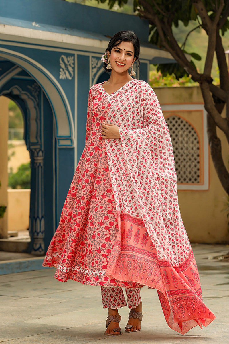 Pink Cotton Anarkali Suit Set | SHOBITAM